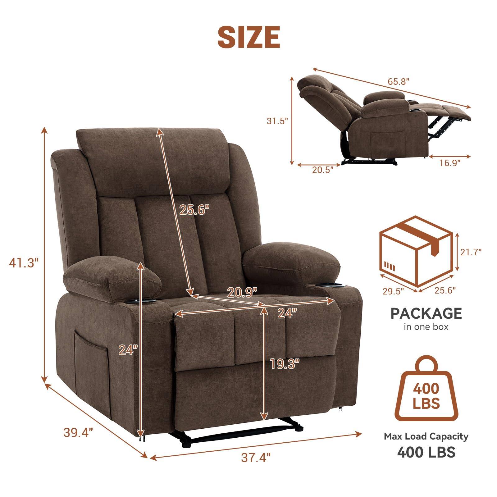 **SIZE:**
- 65.8" (width)
- 31.5" (depth reclined)
- 20.5" (depth)
- 16.9" (height reclined)
- 25.6" (height)
- 41.3" (height with backrest)
- 20.9" (seat depth)
- 24" (seat width)
- 29.5" (armrest height)
- 39.4" (overall height)
- 37.4" (overall depth)

**PACKAGE in one box:**
- 24" (width)
- 19.3" (depth)
- 21.7" (height)

**Max Load Capacity:**
- 400 LBS