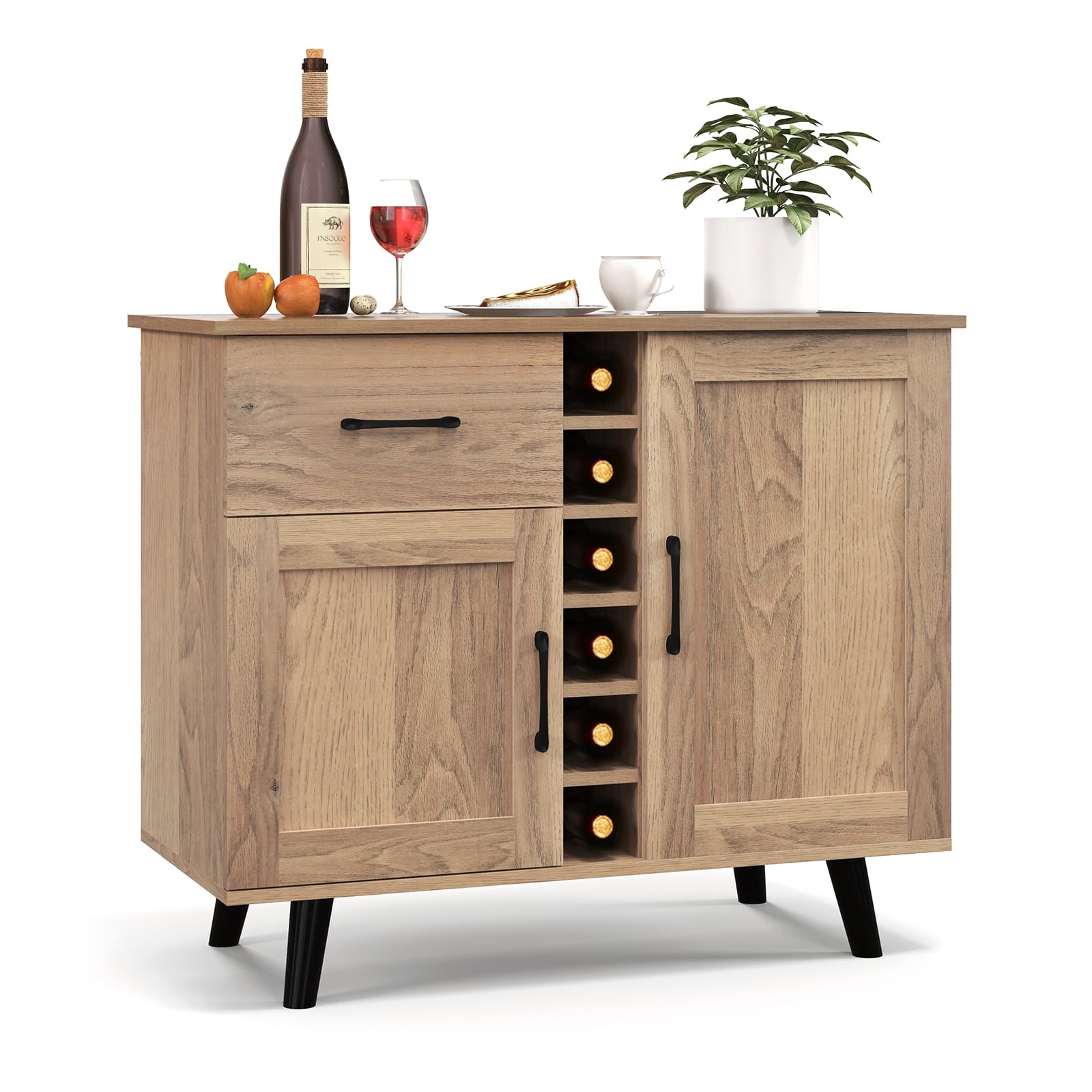 Front. Costway - 2-Door Wine Bar Cabinet Kitchen Sideboard Buffet with Drawer & Adjustable Shelves - Natural.