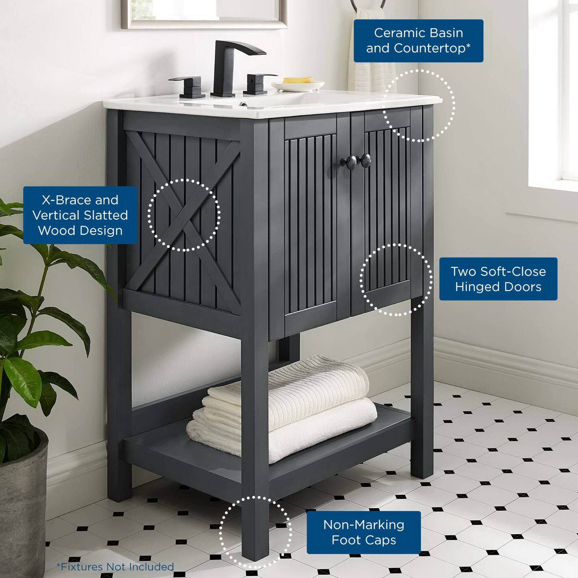 - Ceramic Basin and Countertop*
- X-Brace and Vertical Slatted Wood Design
- Two Soft-Close Hinged Doors
- Non-Marking Foot Caps
- *Fixtures Not Included