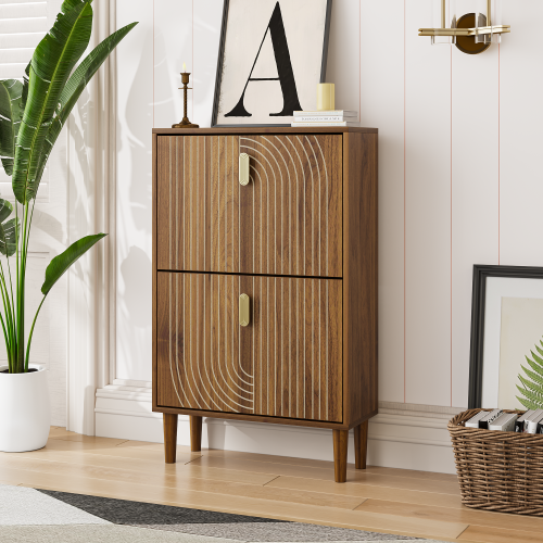 Angle. LUCKY ONE - 23.6in Freestanding Shoe Cabinet with 2 Flip Drawers Line Groove Design Metal Handles for Entryway - Brown.