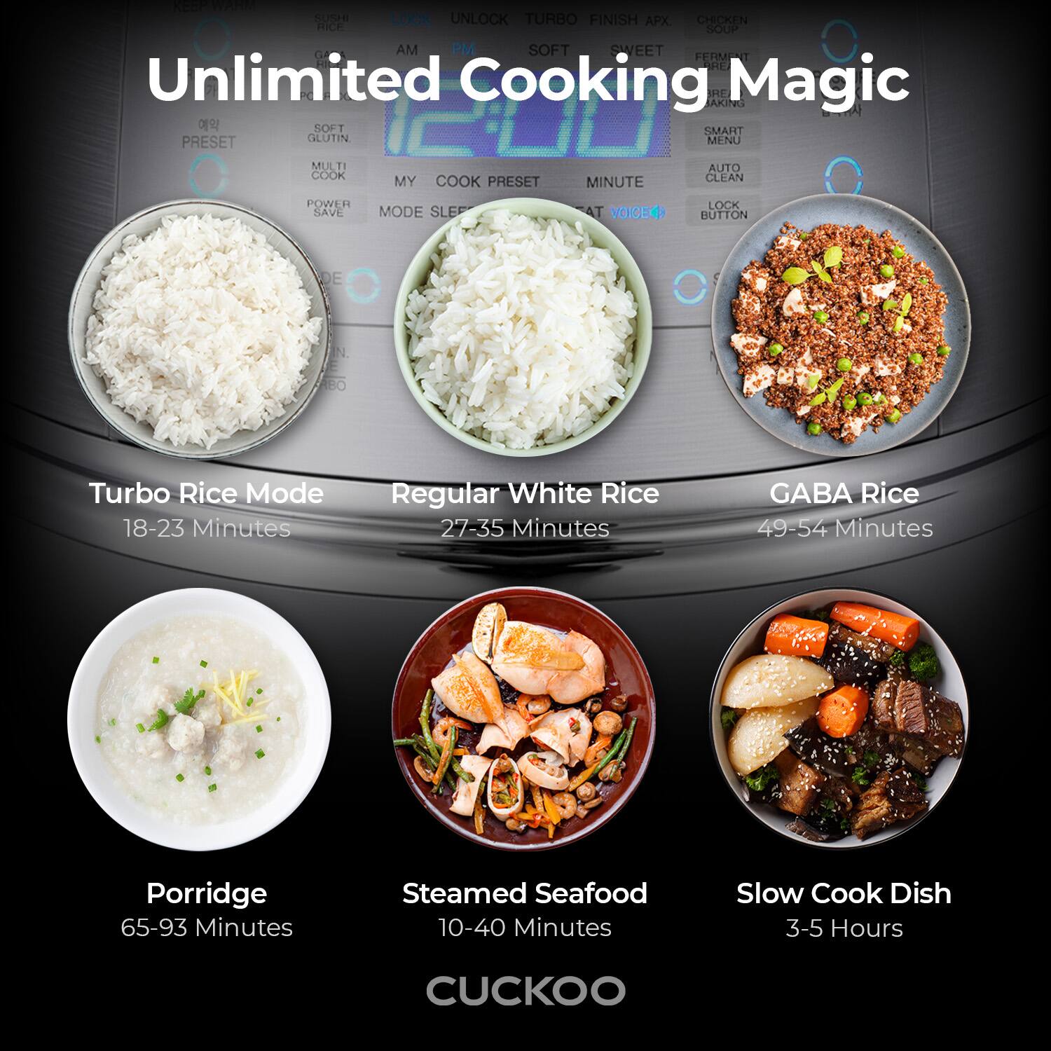 Unlimited Cooking Magic

Turbo Rice Mode  
18-23 Minutes

Regular White Rice  
27-35 Minutes

GABA Rice  
49-54 Minutes

Porridge  
65-93 Minutes

Steamed Seafood  
10-40 Minutes

Slow Cook Dish  
3-5 Hours

Cuckoo