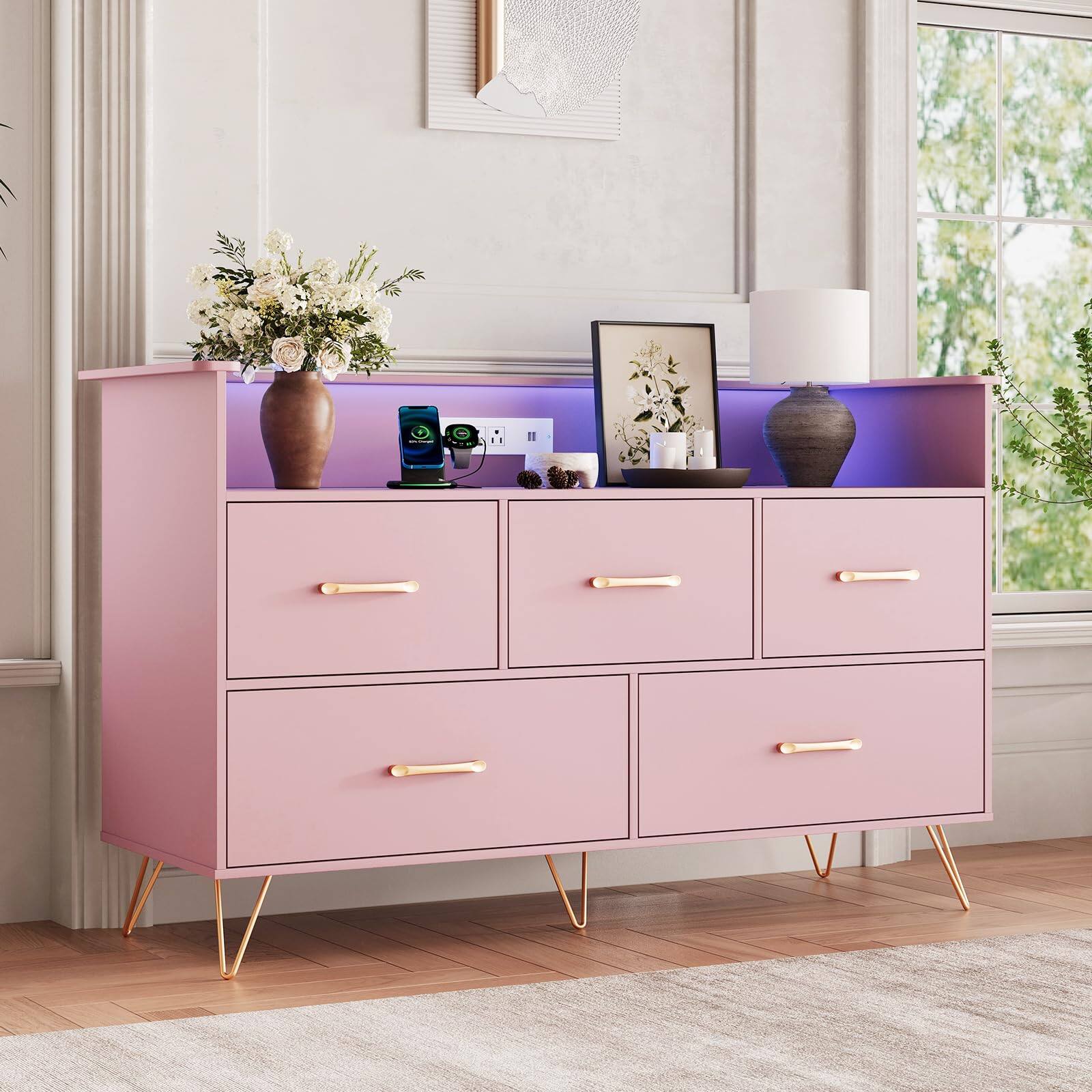 Front. GARVEE - Modern 5 Drawer Dresser, 47" Wide Wood Chest with LED Lights, Charging Station, Entryway Living Room Hallway Storage - Pink.