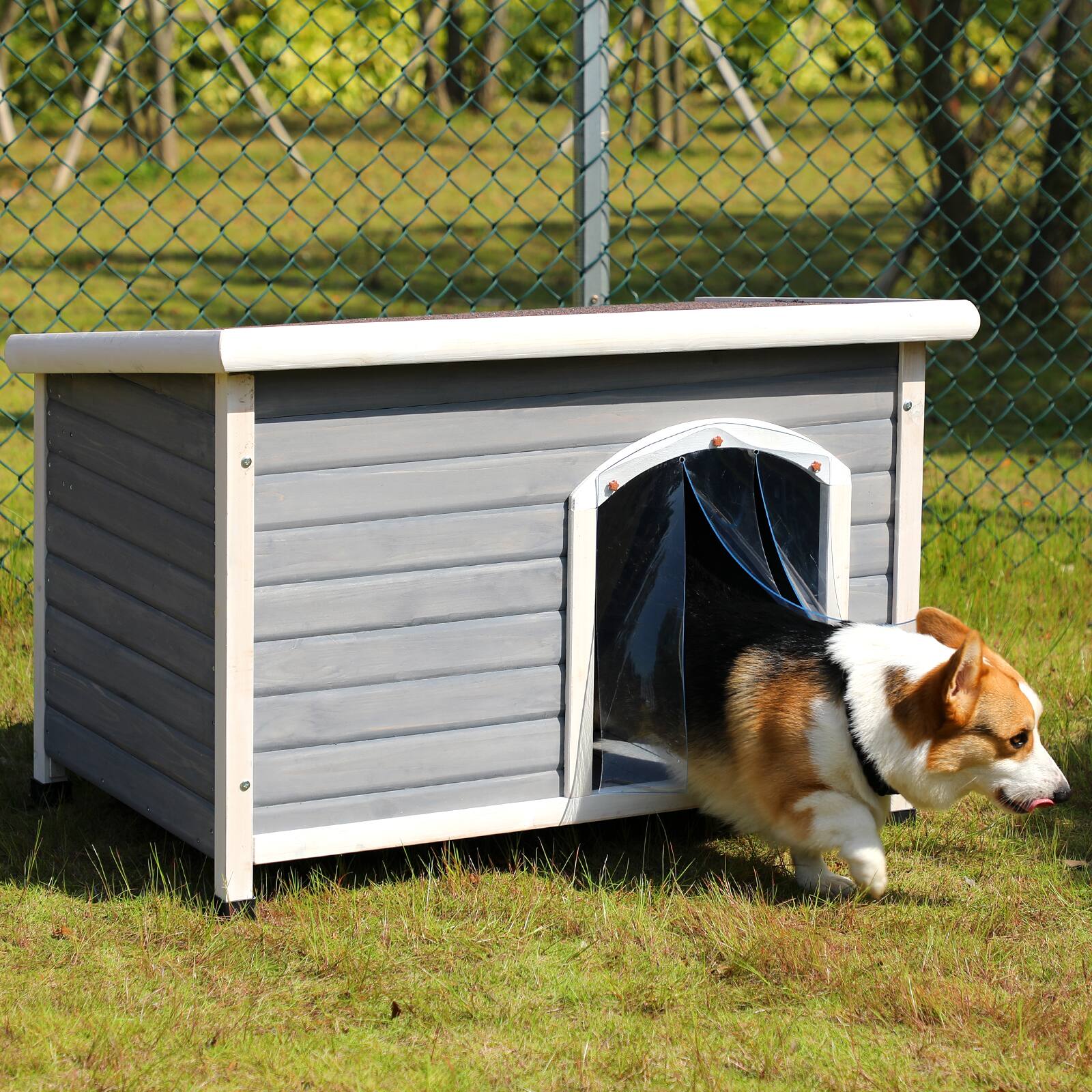 Alt View 4. Siljoy - Grey Medium Cedar Dog House, Waterproof Asphalt Roof, Elevated Floor & PVC Curtain for Up to 70 lbs.