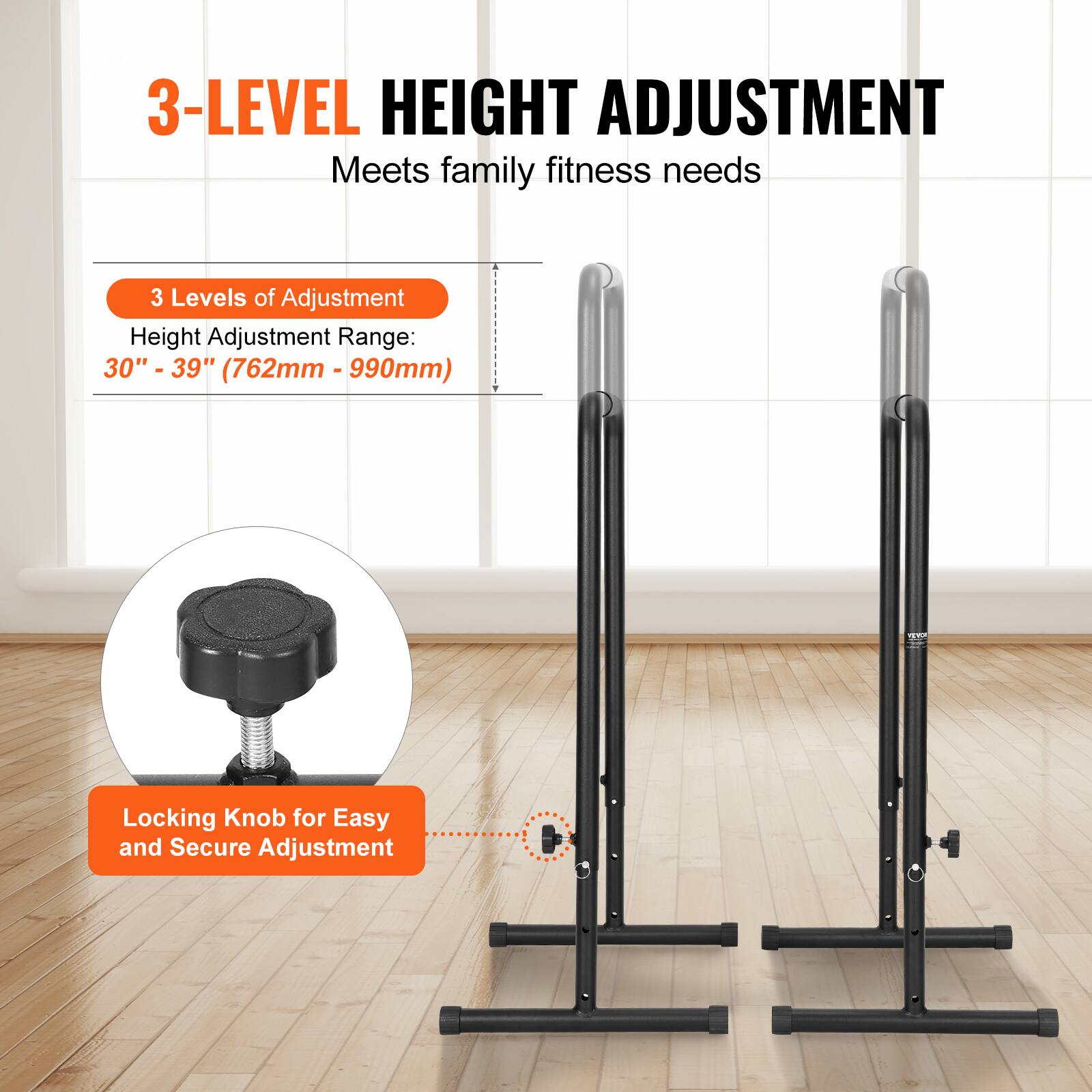 3-LEVEL HEIGHT ADJUSTMENT  
Meets family fitness needs  

3 Levels of Adjustment  
Height Adjustment Range: 30" - 39" (762mm - 990mm)  

Locking Knob for Easy and Secure Adjustment