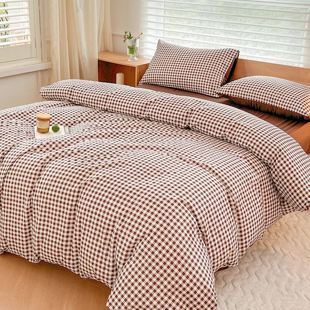 Back. Stylel Star - Mocha Gingham Duvet Cover Set King Dark Tan Grid Simple Geometric Square Pattern Comforter Soft Plaid Washed... - Pink Gingham-Twin/Twin XL(68"*90").