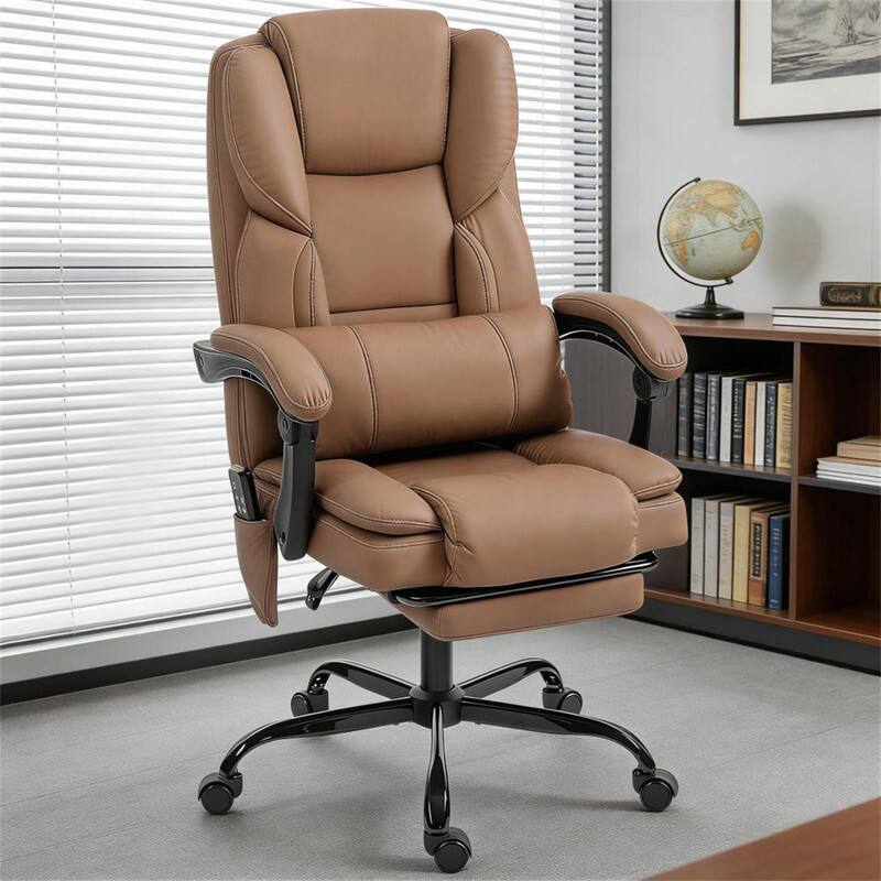 Alt View 4. HTUTWOO - Faux Leather Massage Office Chair - 6-Point Vibration Reclining Desk Chair, 140° Recline, Footrest, Pet-Friendly,265 lbs - Brown.