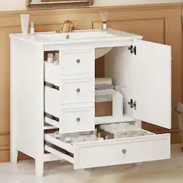 Whisen - 30" Bathroom Vanity with Ceramic Sink Combo 3-Drawer 1-Cabinet Freestanding Storage Cabinet - White