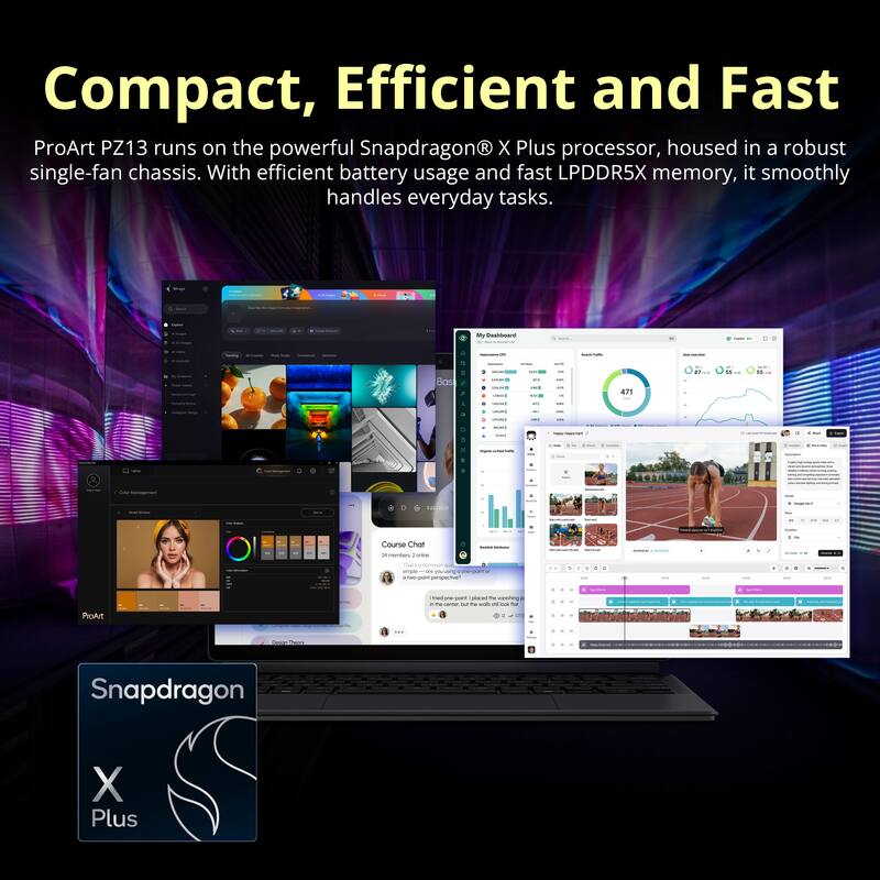 Compact, Efficient and Fast

ProArt PZ13 runs on the powerful Snapdragon® X Plus processor, housed in a robust single-fan chassis. With efficient battery usage and fast LPDDR5X memory, it smoothly handles everyday tasks.