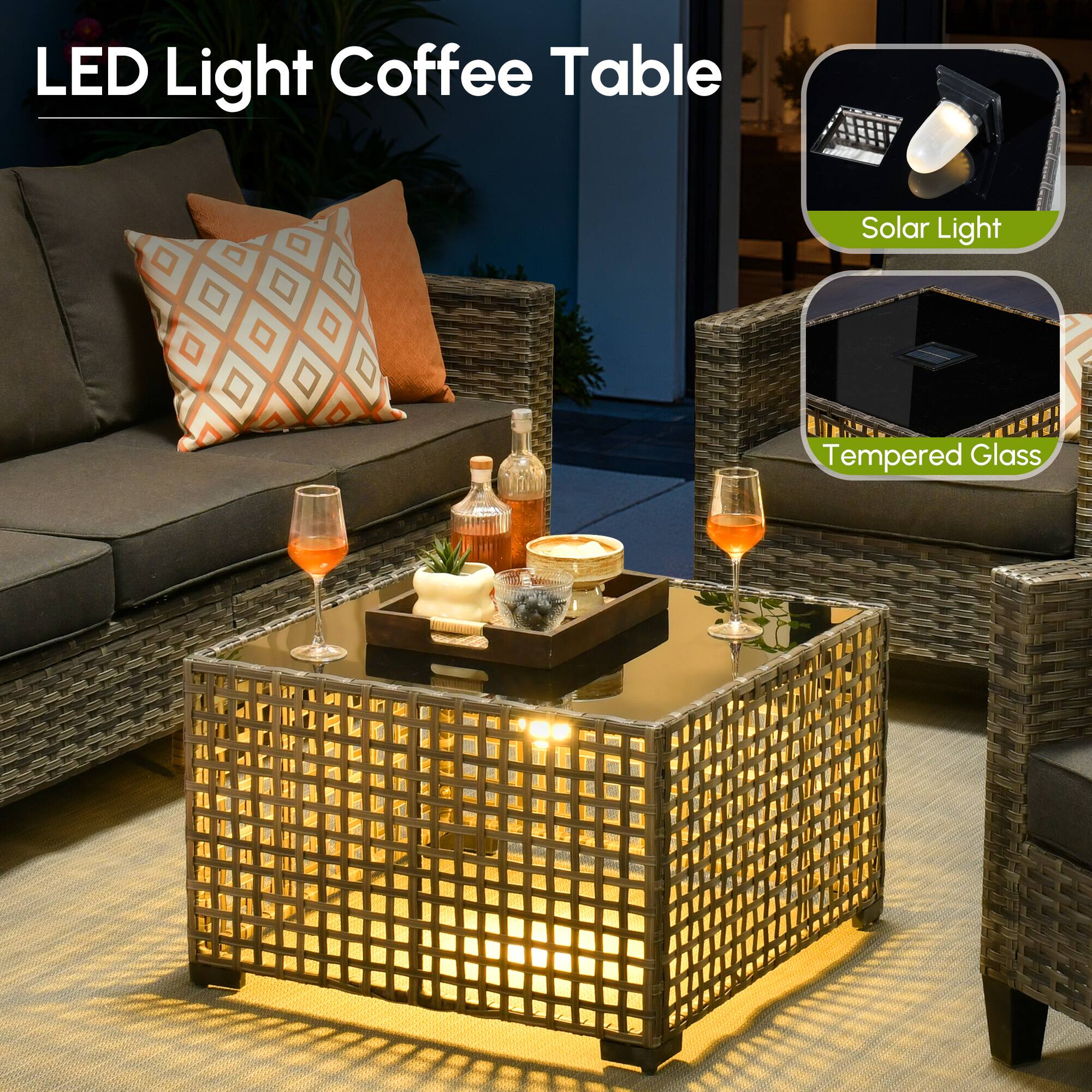 LED Light Coffee Table - Solar Light Tempered Glass