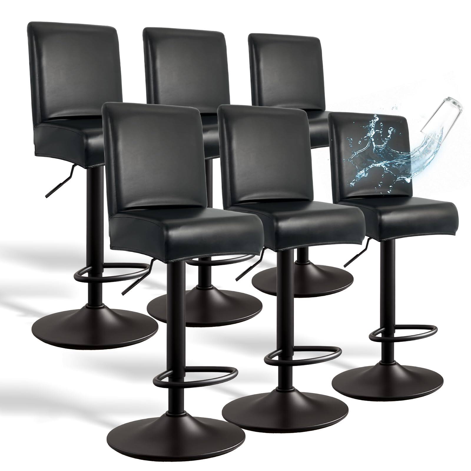 JETRANSPORT - Pu Leather Bar Stool Covers With Backs 6 Pack Stretch Waterproof Chair Washable & Comfortable Barstool - Black 6 PCS