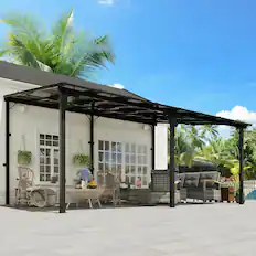 Front. Yardgrace - 12'x 16' Outdoor Wall Mounted Lean-to Gazebo, Heavy Duty Sloped Roof Metal Awning for Patio, Decks & Backyard - Black.