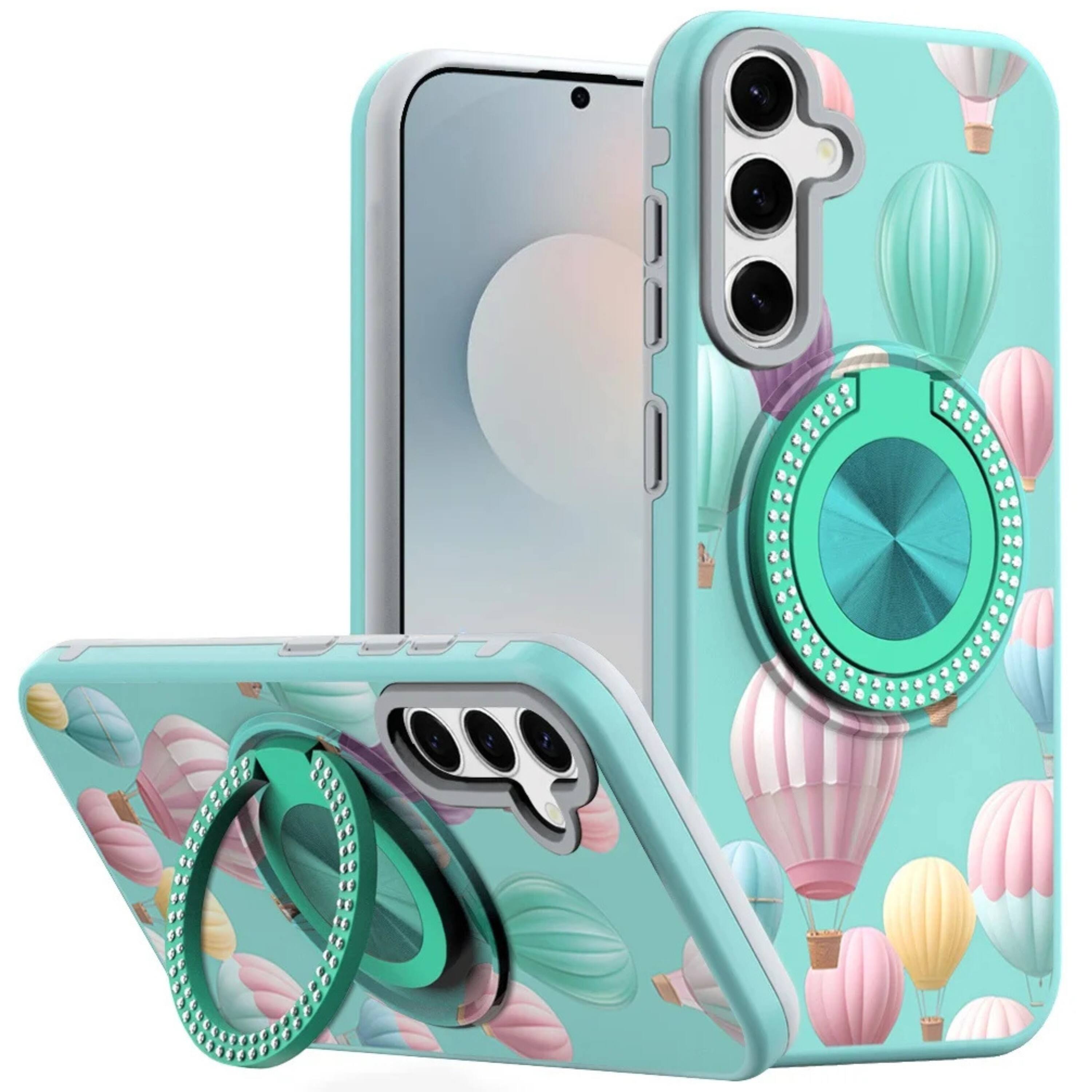 Front. Kitcheniva - Printed Bling 360 Rotating Ring Stand Phone Case With Tempered Glass For Samsung S26 6.3 Inch Hot Air Balloon - Blue.