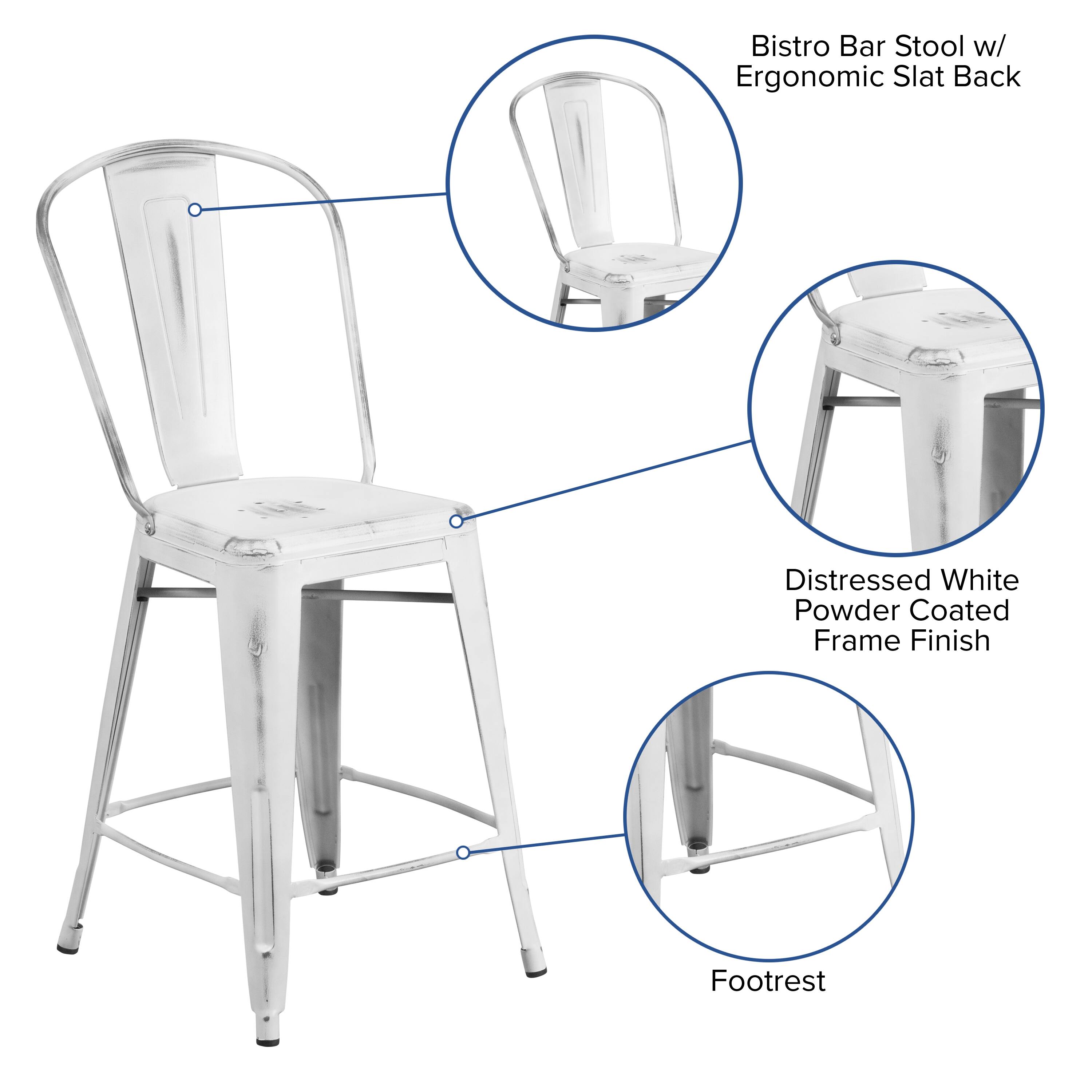 Bistro Bar Stool w/ Ergonomic Slat Back  
Distressed White Powder Coated Frame Finish  
Footrest