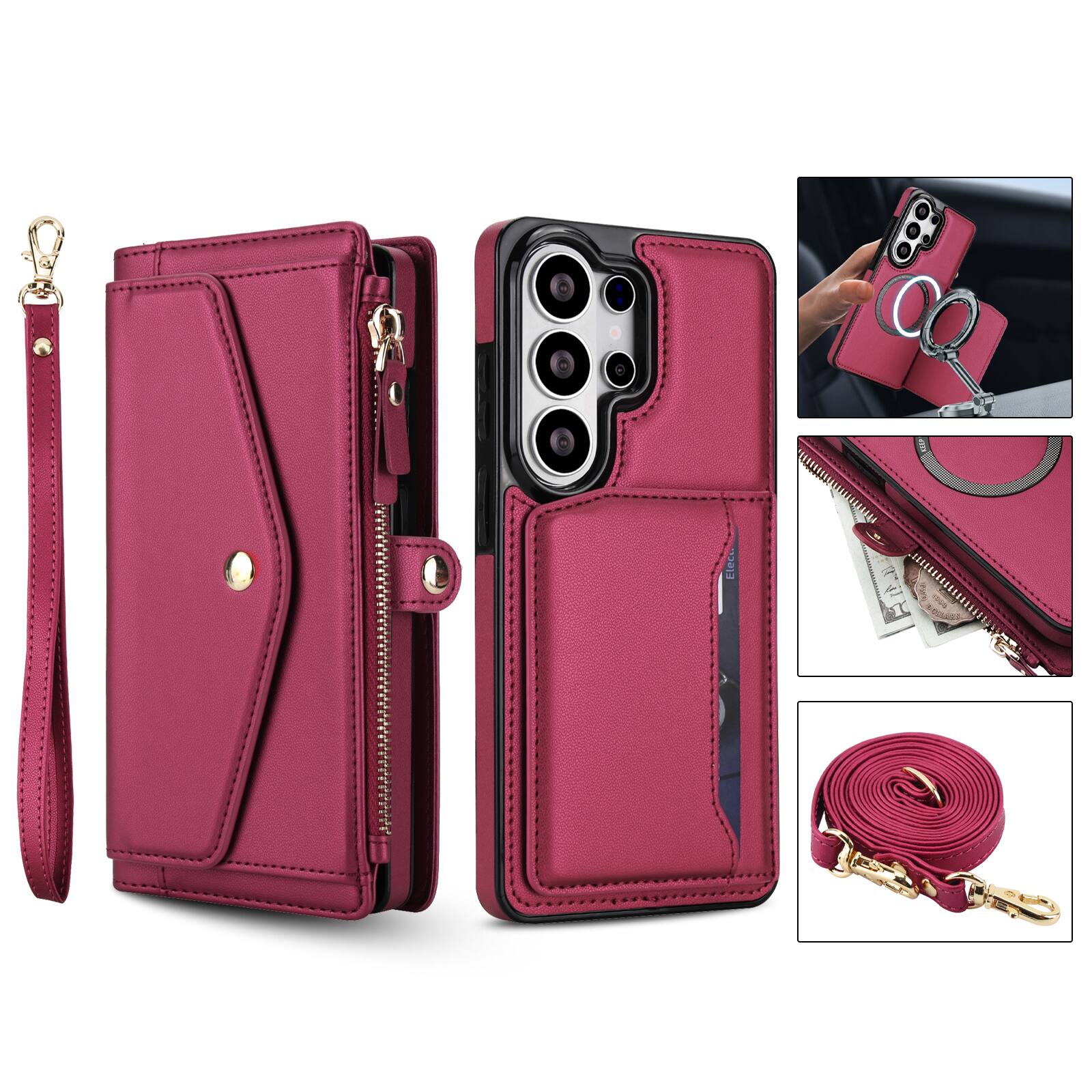 Alt View 5. UUCOVER - Magnetic Leather Detachable Zipper Wallet RFID Blocking Case for Samsung Galaxy S26 Ultra+Shoulder Strap / Wrist Strap - Red.