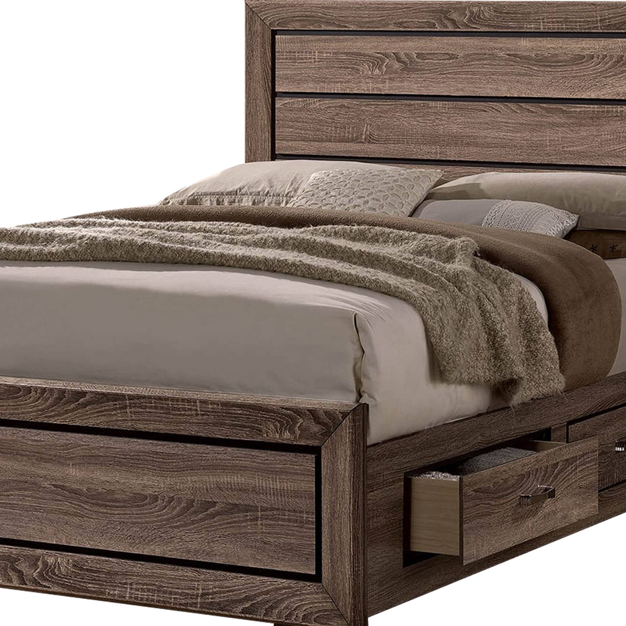 Alt View 2. Manhattan Lane - Wooden Eastern King Size Bed with Storage Drawers - Brown.