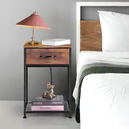 Oumilen - Set of 2 Nightstands with Charging Station, Industrial End Tables - Rustic Brown