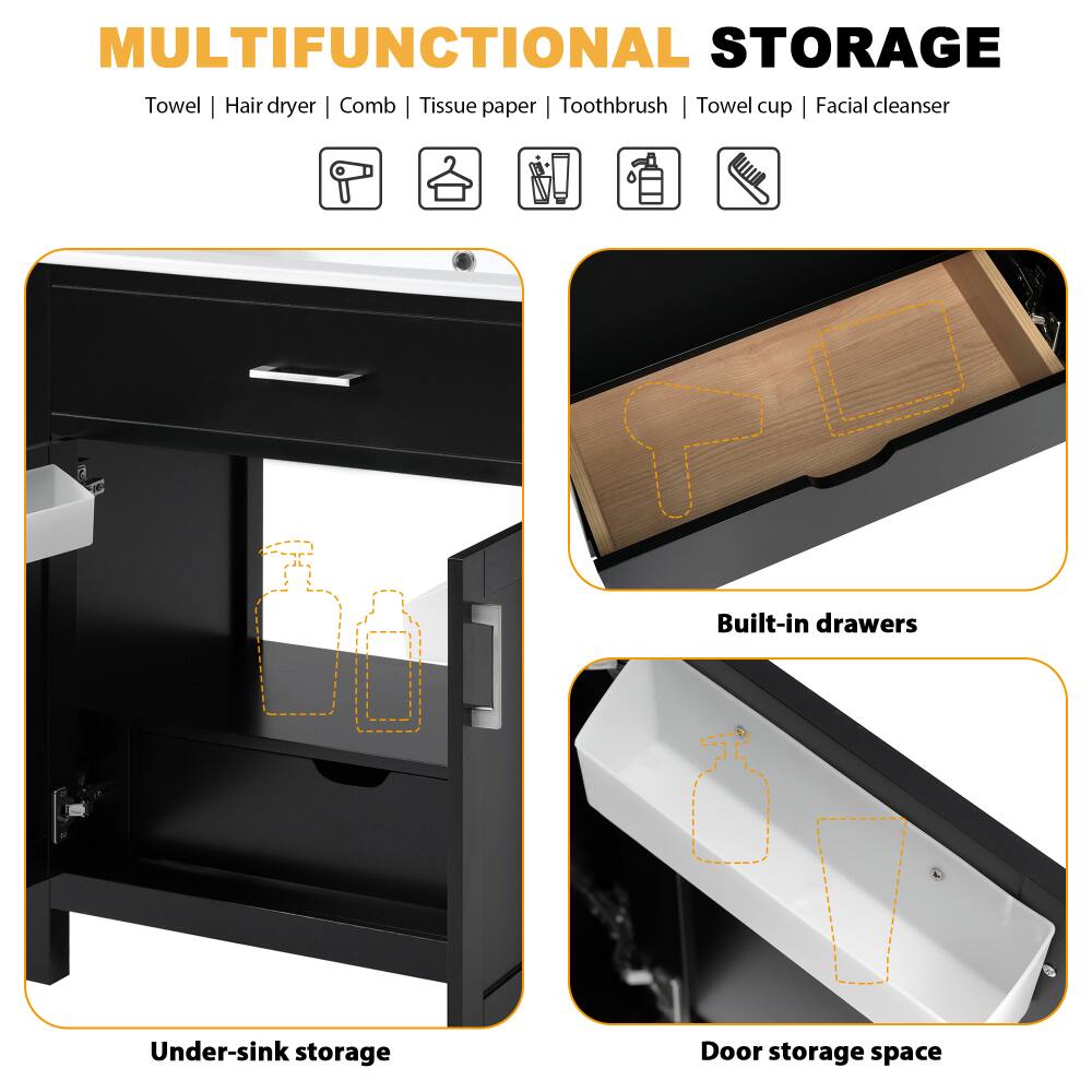 MULTIFUNCTIONAL STORAGE  
Towel | Hair dryer | Comb | Tissue paper | Toothbrush | Towel cup | Facial cleanser  
Built-in drawers  
Under-sink storage  
Door storage space
