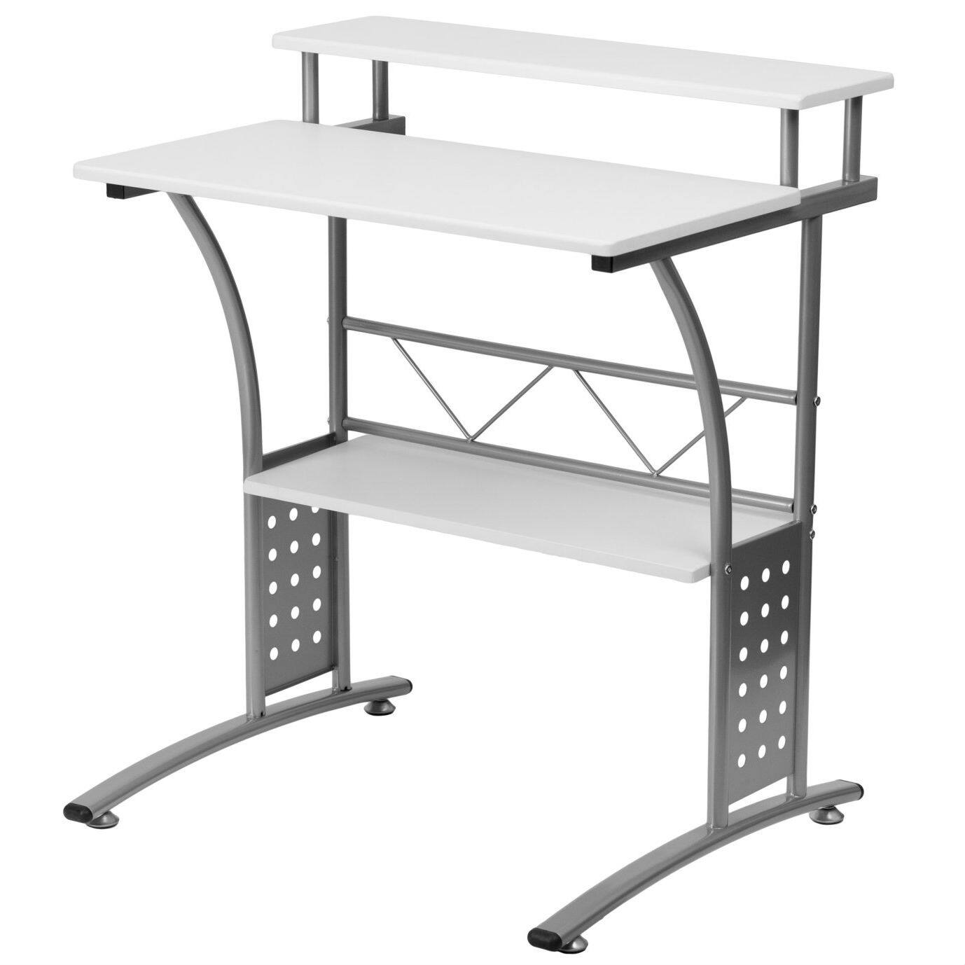 Front. SlickBlue - White Laminate Computer Desk with Metal Frame and Elevated Organizer Shelf - White, Grey.