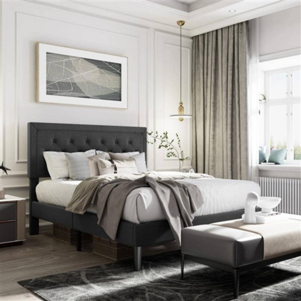 Angle. Hivvago - Queen Black Linen Upholstered Platform Bed Frame with Button-Tufted Headboard - Black.
