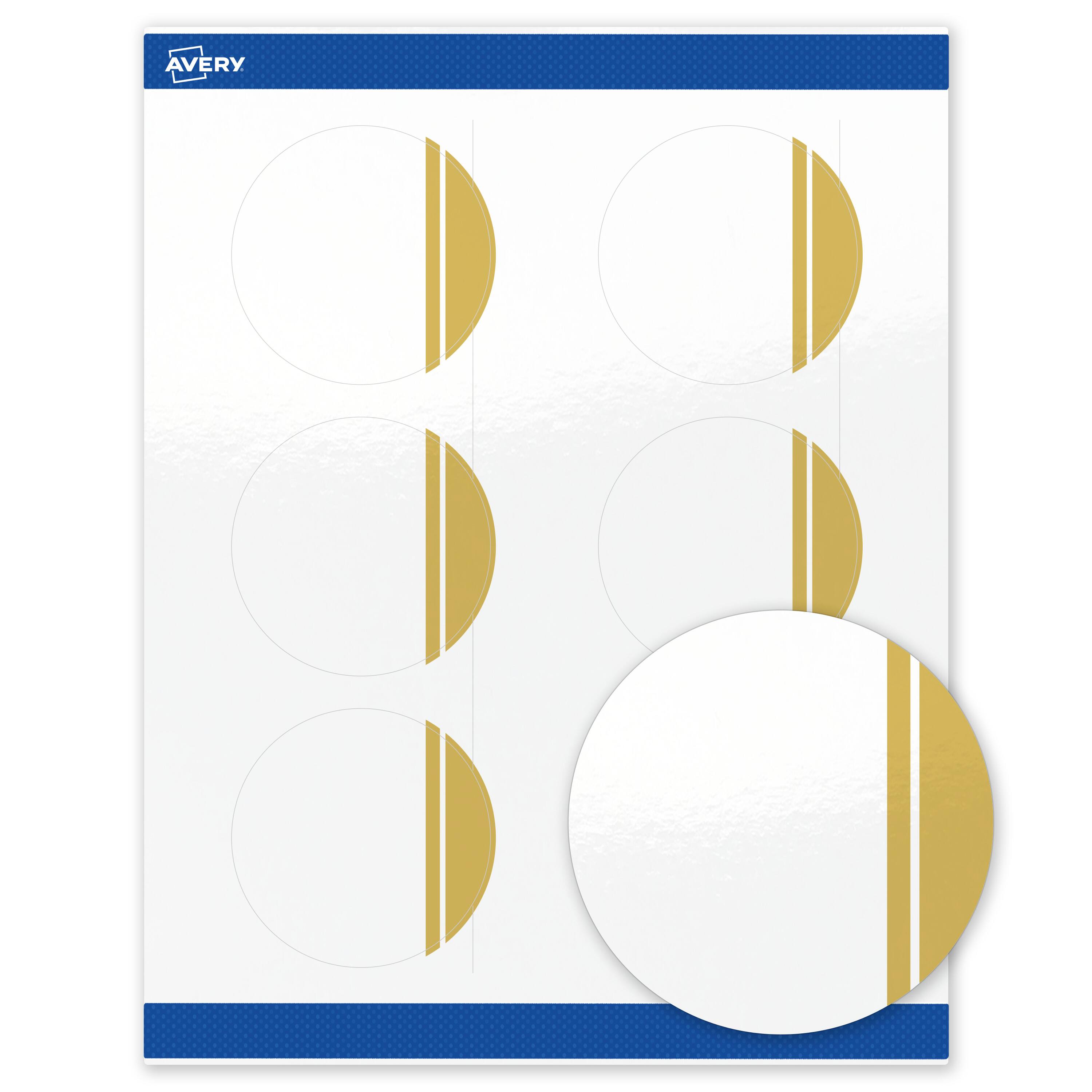 Front. Avery - Avery Labels, 3" Diameter, Glossy White, Double Dipped Gold Edge - White.