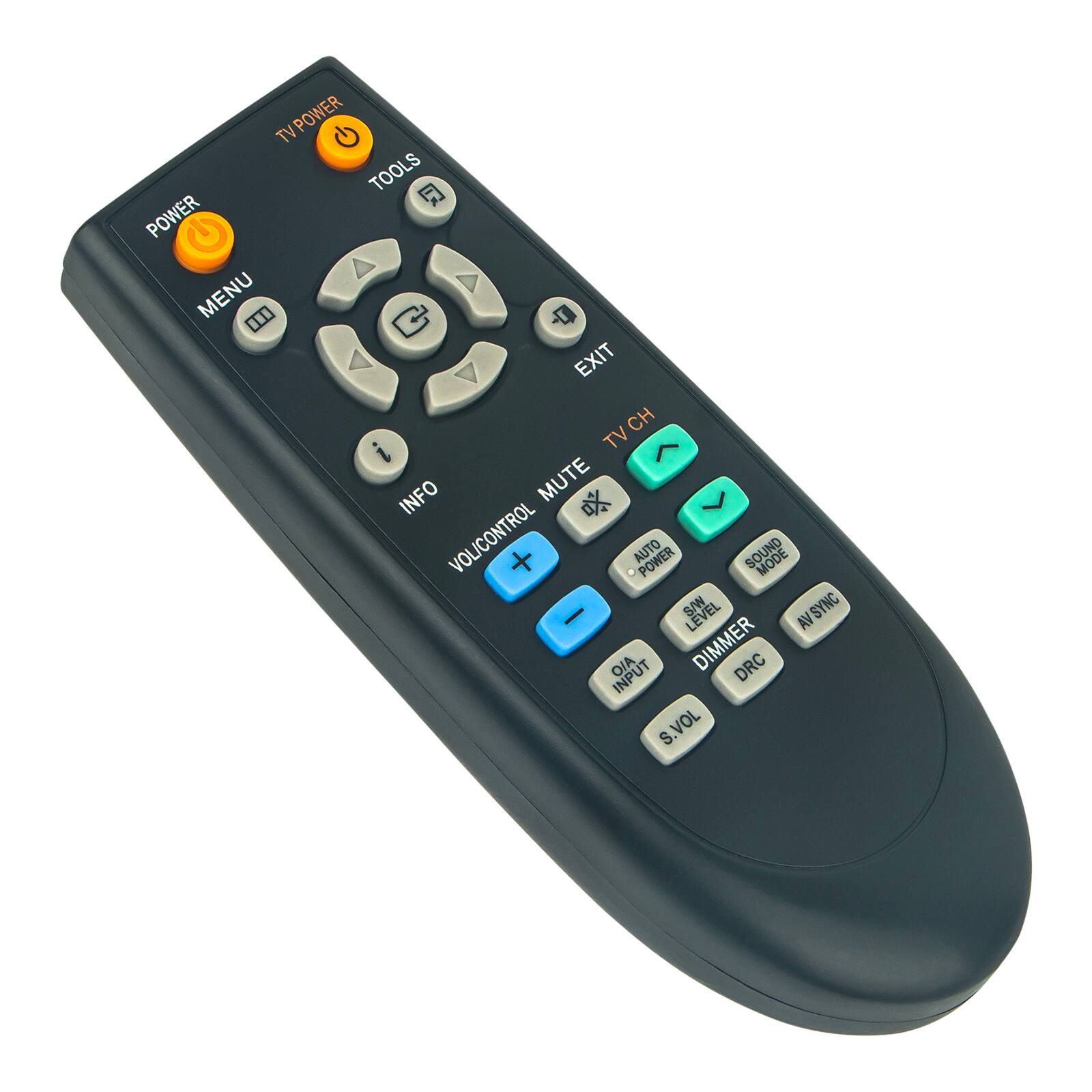 TV POWER G TOOLS  
POWER MENU - EXIT TV CH TV >  
INFO MUTE  
VOLICONTROL + AUTO POWER SOUND MODE I S/W LEVEL AV SYNC LE O/A DIMMER DRC INPUT S S.VOL