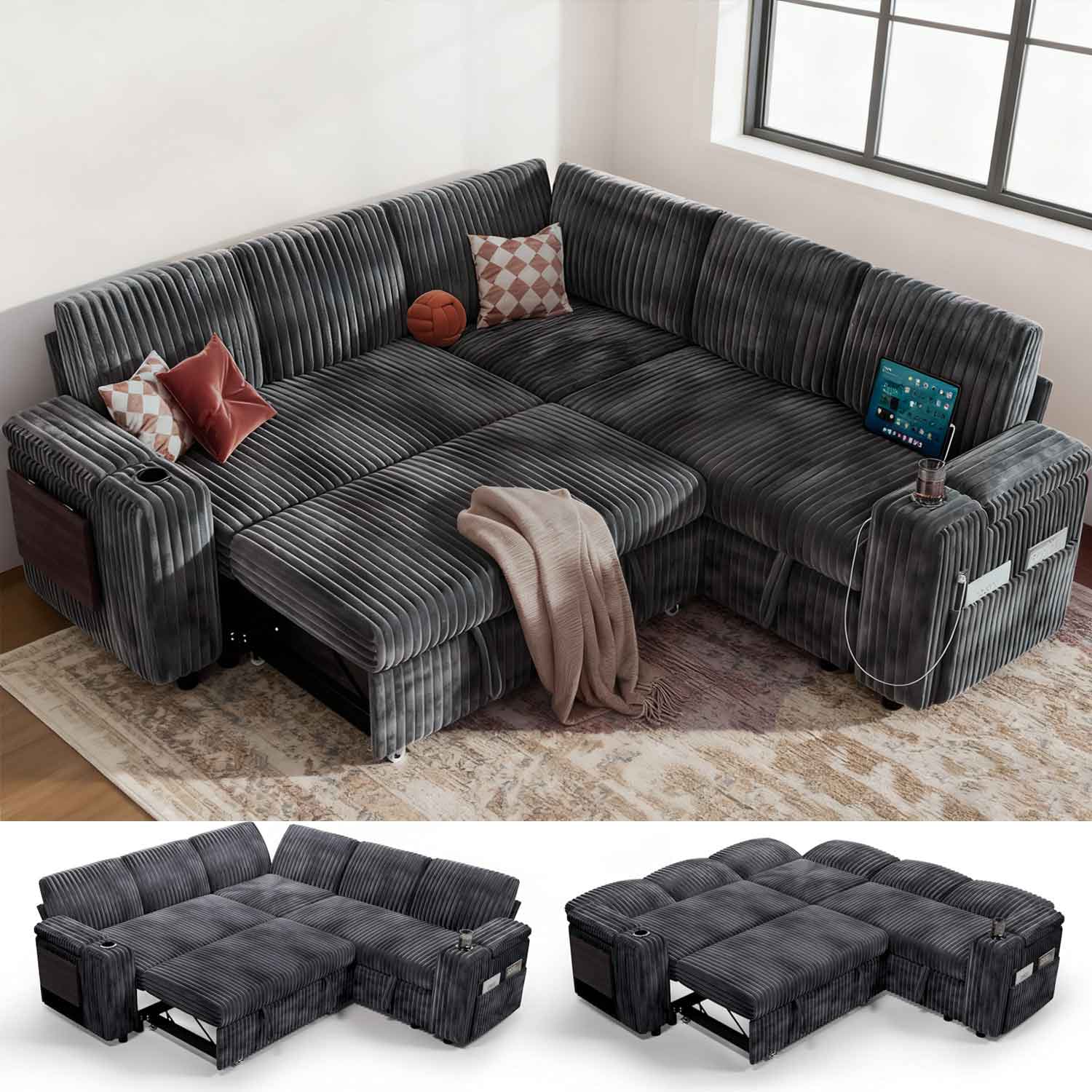 Front. Dyonery - Dyonery 85" Modular Sectional Sleeper Sofa with Pull Out Bed, 5 Seat L Shaped with Reclining Backrest,Corduroy Gray - Beige.