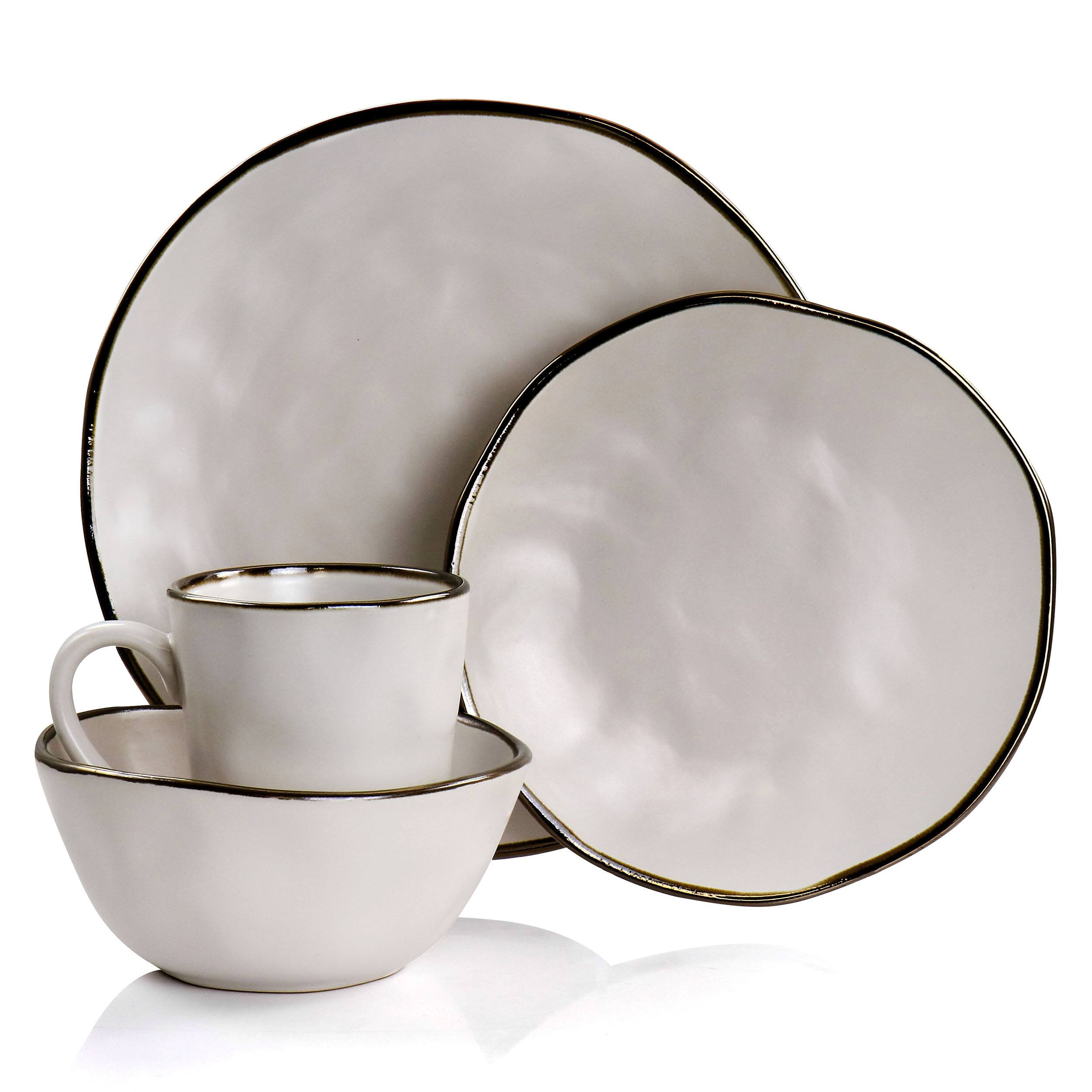 Alt View 1. Elama - Elama Modern 16 Piece Stoneware Dinnerware Set in Matte White with Gold Rim - White and Gold.