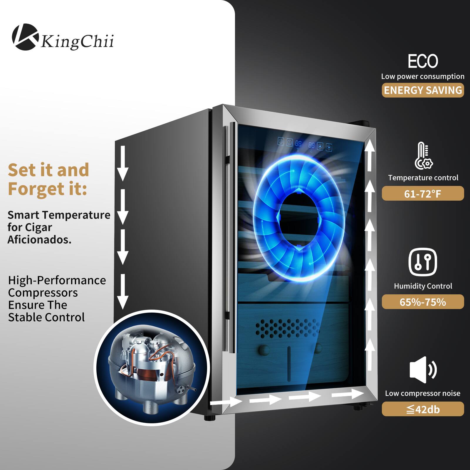 KingChii

Set it and Forget it: Smart Temperature for Cigar Aficionados.

High-Performance Compressors Ensure The Stable Control

ECO Low power consumption ENERGY SAVING

Temperature control 61-72°F

Humidity Control 65%-75%

Low compressor noise ≤42db