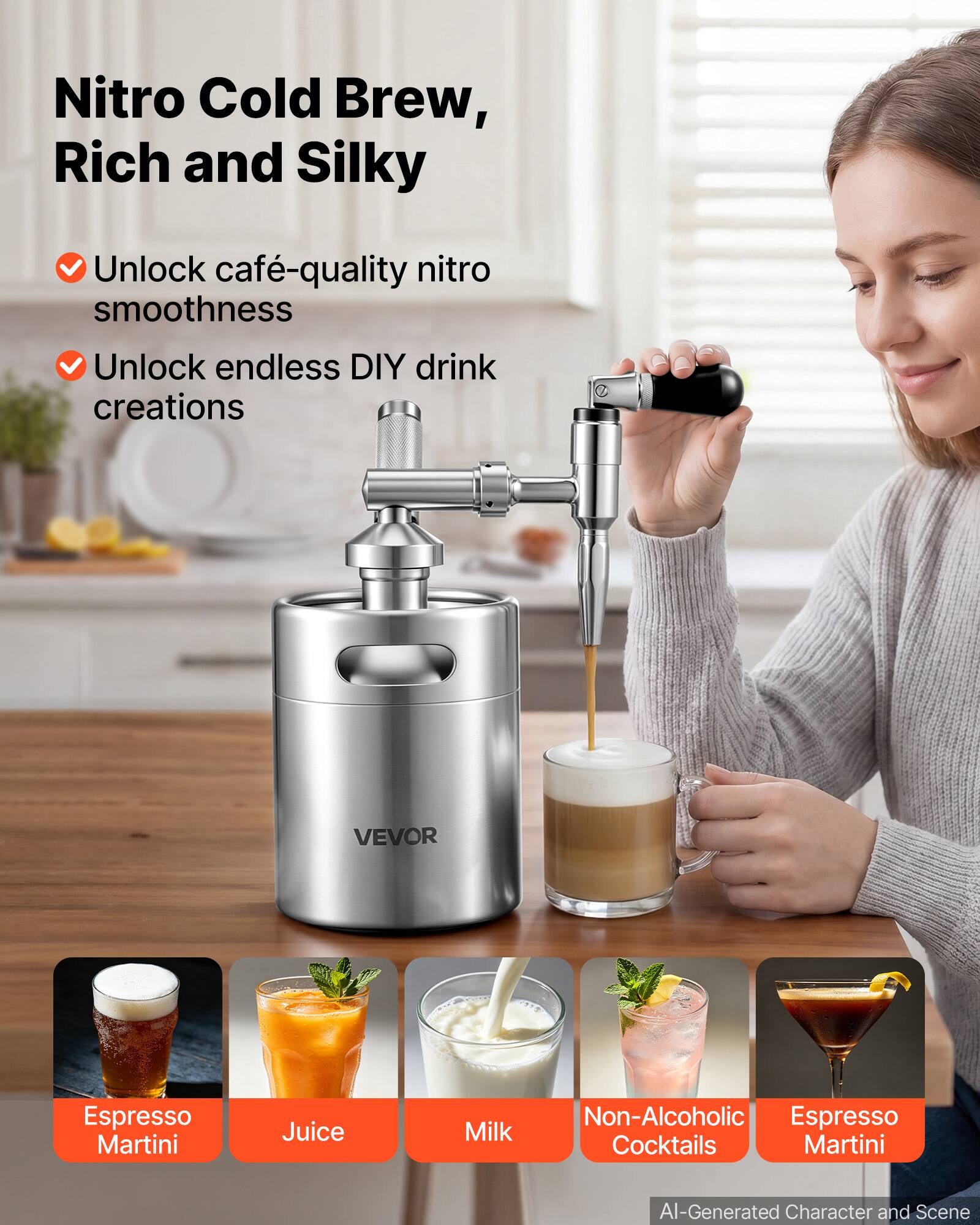 Nitro Cold Brew, Rich and Silky  
Unlock café-quality nitro smoothness  
Unlock endless DIY drink creations  

VEVOR Espresso Martini Juice Milk Non-Alcoholic Espresso Cocktails  

AI-Generated Character and Scene