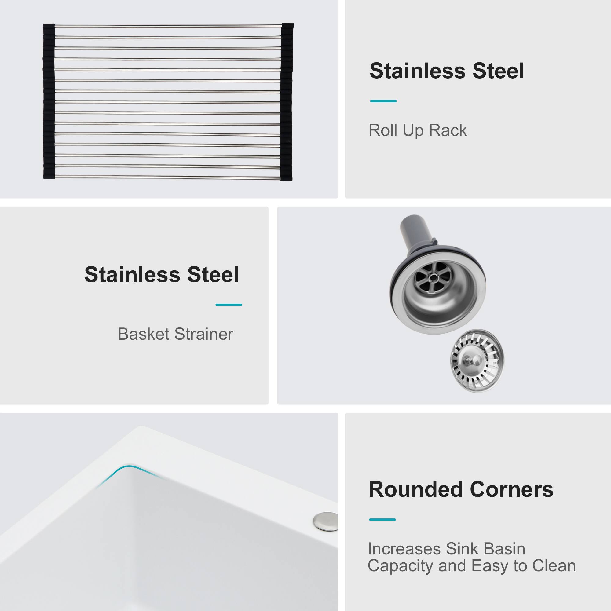 Stainless Steel Roll Up Rack Stainless Steel - Basket Strainer Rounded Corners Increases Sink Basin Capacity and Easy to Clean