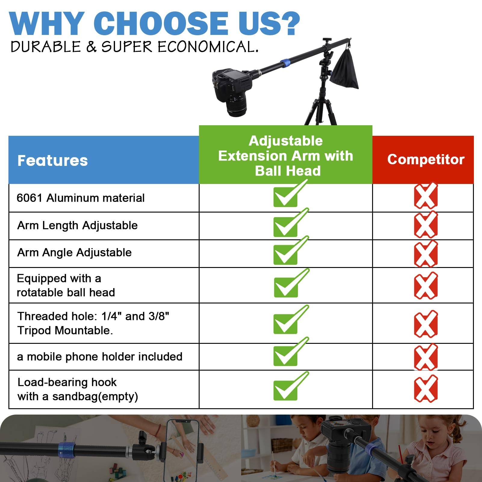 **WHY CHOOSE US?**  
**DURABLE & SUPER ECONOMICAL.**

---

**Features**  
- 6061 Aluminum material  
- Arm Length Adjustable  
- Arm Angle Adjustable  
- Equipped with a rotatable ball head  
- Threaded hole: 1/4" and 3/8" Tripod Mountable  
- a mobile phone holder included  
- Load-bearing hook with a sandbag(empty)  

---

**Adjustable Extension Arm with Ball Head**  
- Competitor  

---

**Checkmarks and Crosses**  
- 6061 Aluminum material: ✓  
- Arm Length Adjustable: ✓  
- Arm Angle Adjustable: ✓  
- Equipped with a rotatable ball head: ✓  
- Threaded hole: 1/4" and 3/8" Tripod Mountable: ✓  
- a mobile phone holder included: ✓  
- Load-bearing hook with a sandbag(empty): ✓  

- Competitor: ❌ ❌ ❌ ❌ ❌ ❌ ❌