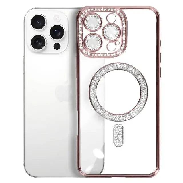 Left. Entronix - Entronix [Magnetic] Case for iPhone 15 Pro - [Clear Back] Luxury Diamonds - Rose Gold.