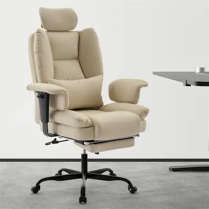 Front. HTUTWOO - Office Chair Ergonomic - PU Leather Computer Chair with Lumbar Support, High Backrest, Liftable Headrest, 200kg Capacity - Beige.