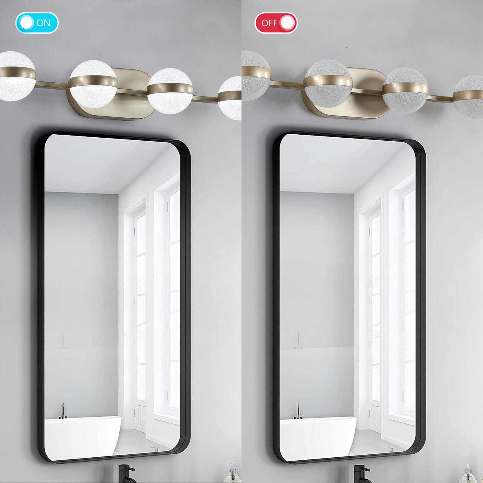 Angle. APRILSOUL - 43 Inch Gold Minimalist LED Bathroom Vanity Light with Crystal Sand Acrylic Shades 6-Light Wall Mounted.