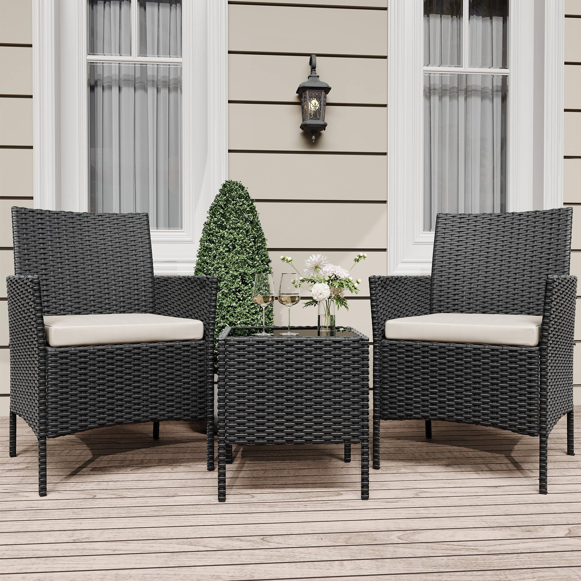 Front. Homhougo - 3 Pieces Outdoor Patio Furniture Sets, Rattan Patio Table and Chairs Set Black and Beige - Black.