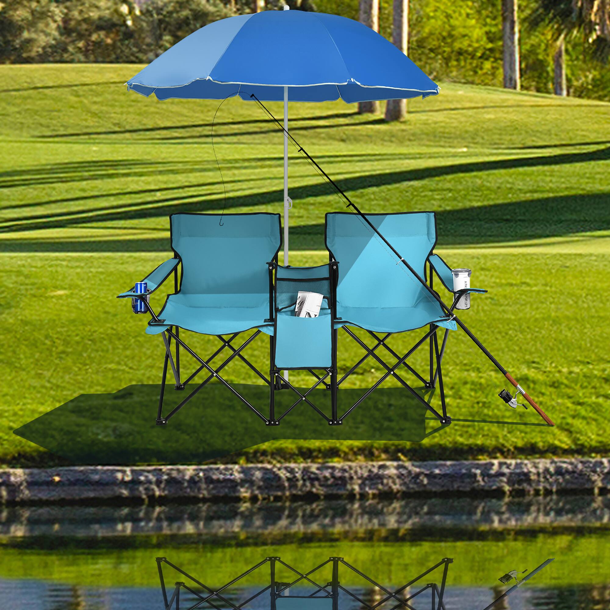 Angle. Costway - Portable Folding Picnic Double Chair W/Umbrella Table Cooler Beach Camping Turquoise - Turquoise.