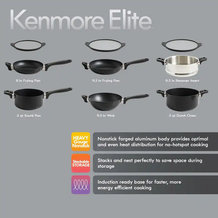 Kenmore Elite Grayson 9 Piece Nonstick Aluminum Stackable Cookware Set ...