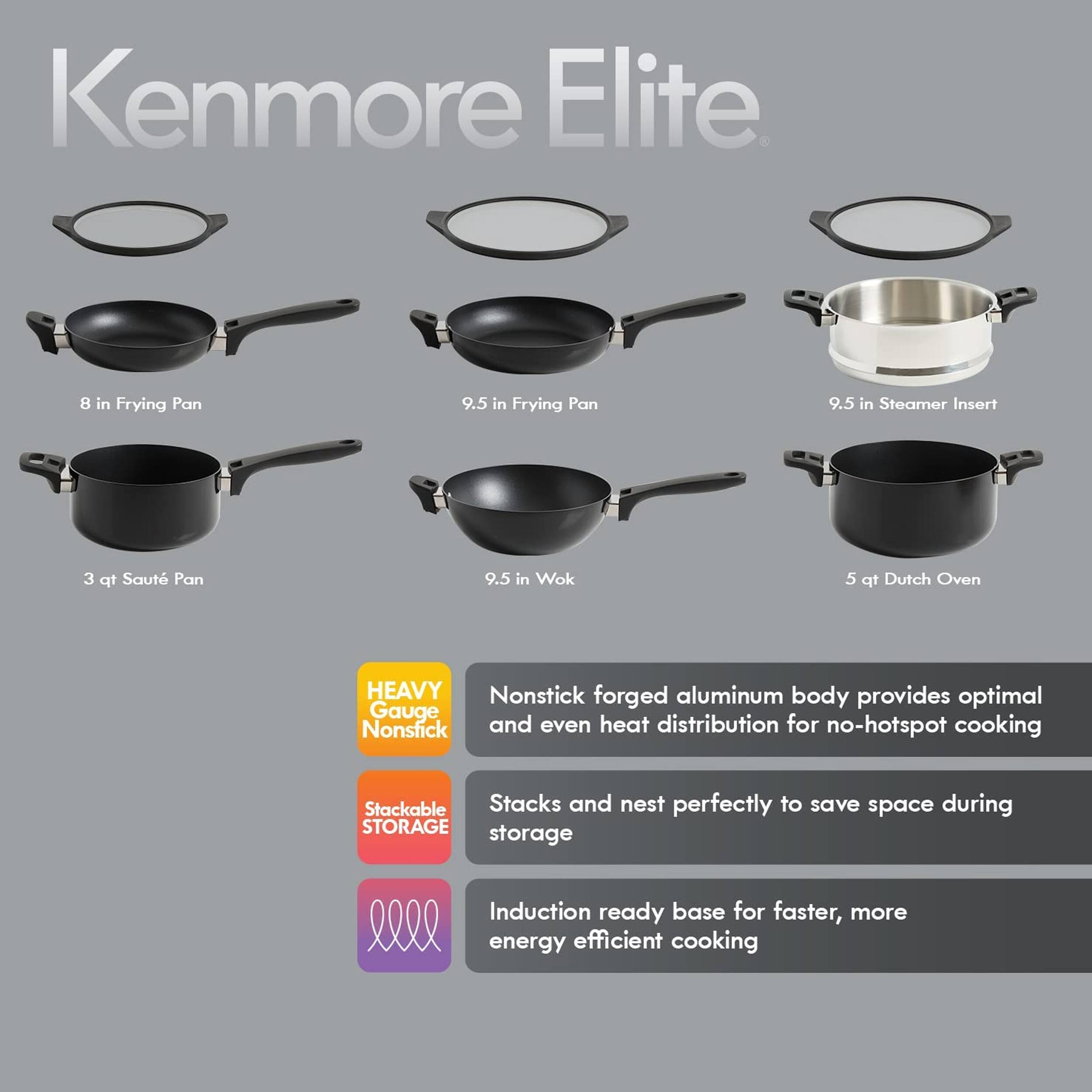 Kenmore Elite 8 in Frying Pan 9.5 in Frying Pan 9.5 in Steamer Insert 3 qt Saute Pan 9.5 in Wok 5 qt Dutch Oven

HEAVY Nonstick forged aluminum body provides optimal Gauge Nonsfick and even heat distribution for no-hotspot cooking

Stackable Stacks and nest perfectly to save space during STORAGE storage

Induction ready base for faster, more energy efficient cooking