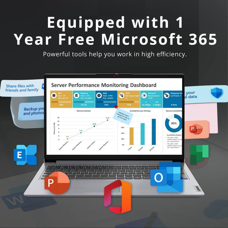 Equipped with 1 Year Free Microsoft 365  
Powerful tools help you work in high efficiency.  

Share files with friends and family  
Backup your data and photos  

Server Performance Monitoring Dashboard  
CPU: 25%  
Memory: 43.5%  
Disk: 25%  

Memory Details  
System Memory: 10.5Kbps  
System Cache: 2.5Kbps  

Availability (Last 30 Days)  
Device Availability: 85%  

IOPS  
Network  
Response Time  
Last Packet  
Out  
In  
Out  
In  
Out  
In  
Out  
In  
Out  
In  
Out  
In  
Out  
In  
Out  
In  
Out  
In  
Out  
In  
Out  
In  
Out  
In  
Out  
In  
Out  
In  
Out  
In  
Out  
In  
Out  
In  
Out  
In  
Out  
In  
Out  
In  
Out  
In  
Out  
In  
Out  
In  
Out  
In  
Out  
In  
Out  
In  
Out  
In  
Out  
In  
Out  
In  
Out  
In  
Out  
In  
Out  
In  
Out  
In  
Out  
In  
Out  
In