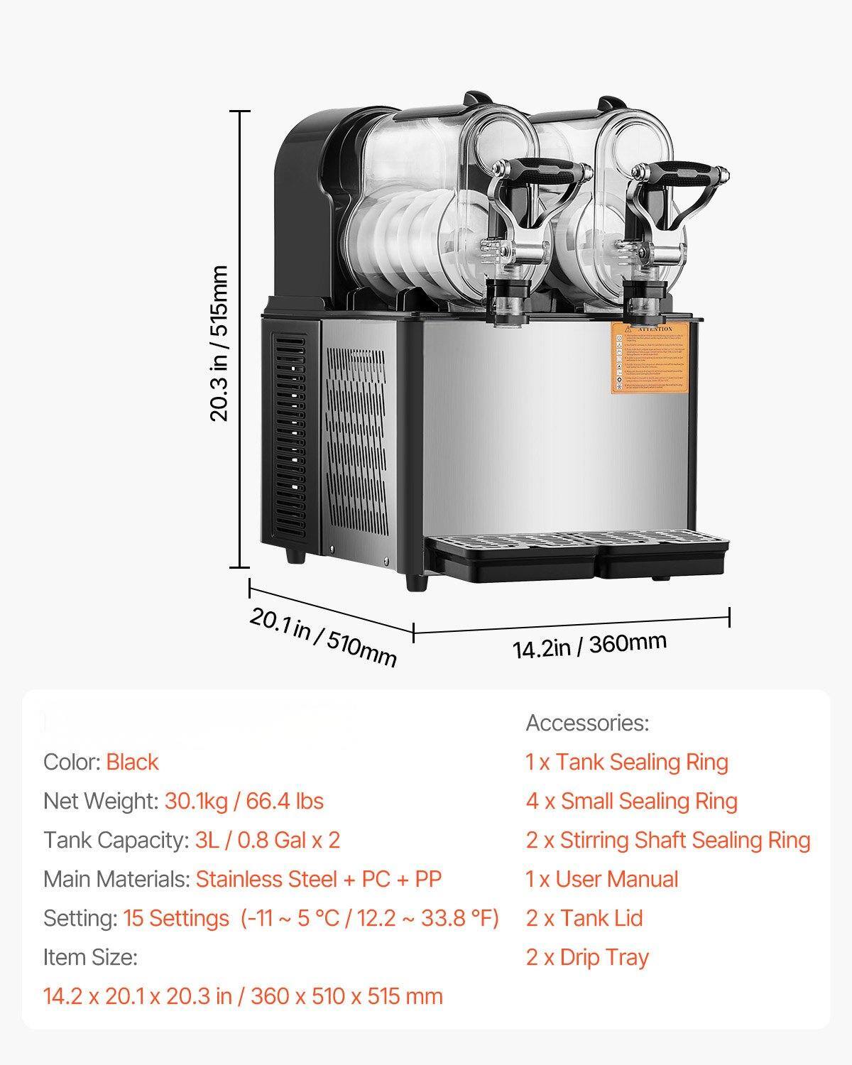 Color: Black  
Net Weight: 30.1kg / 66.4 lbs  
Tank Capacity: 3L / 0.8 Gal x 2  
Main Materials: Stainless Steel + PC + PP  
Settings: 15 Settings (-11 ~ 5°C / 12.2 ~ 33.8°F)  
Item Size: 14.2 x 20.1 x 20.3 in / 360 x 510 x 515 mm  

Accessories:  
1 x Tank Sealing Ring  
4 x Small Sealing Ring  
2 x Stirring Shaft Sealing Ring  
1 x User Manual  
2 x Tank Lid  
2 x Drip Tray