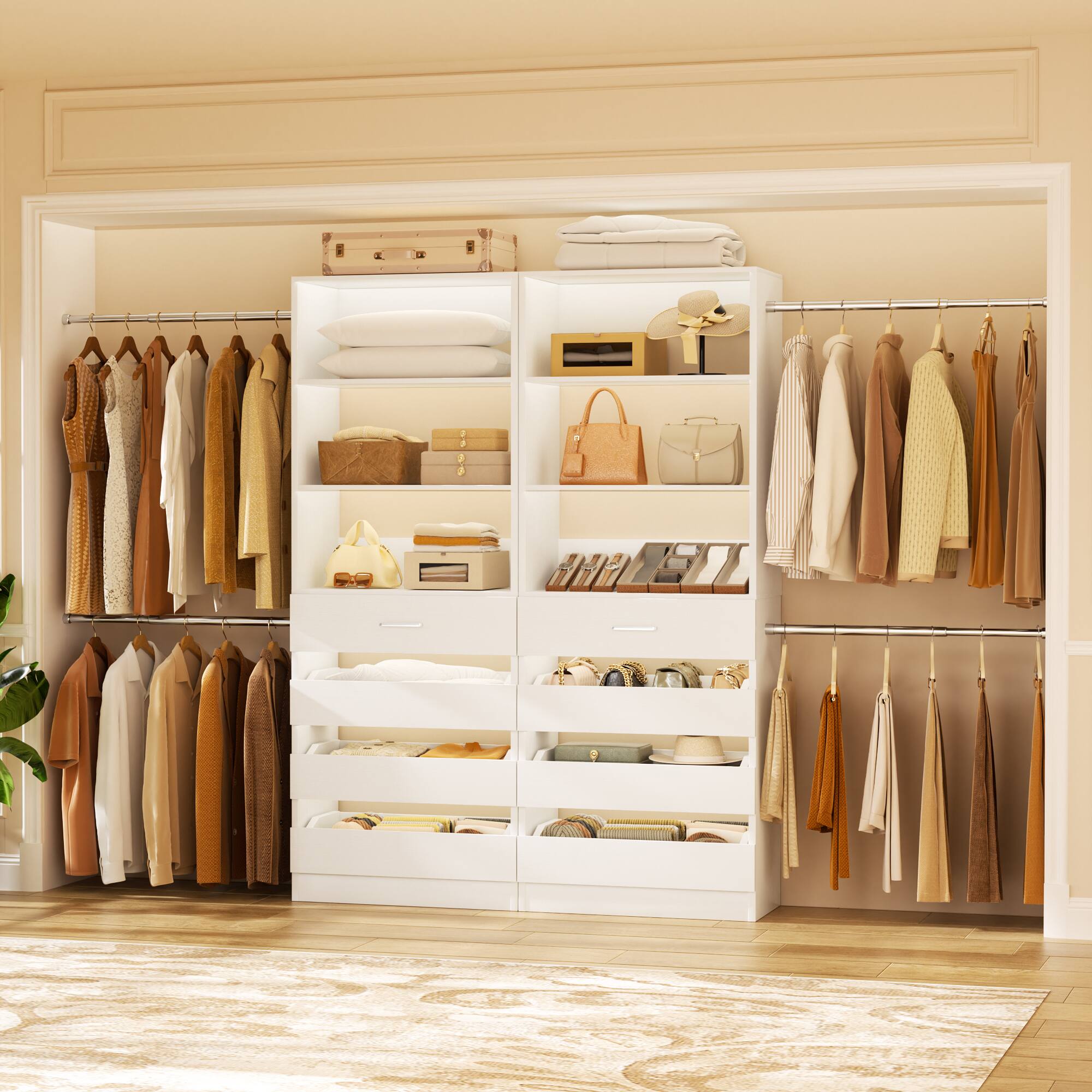 Left. Aheaplus - 2-Piece 4-9Ft Wooden Closet Organizer with 4 Drawers, 8 Hanging Rods & Open Shelves,Ships in 2 Packages - White.