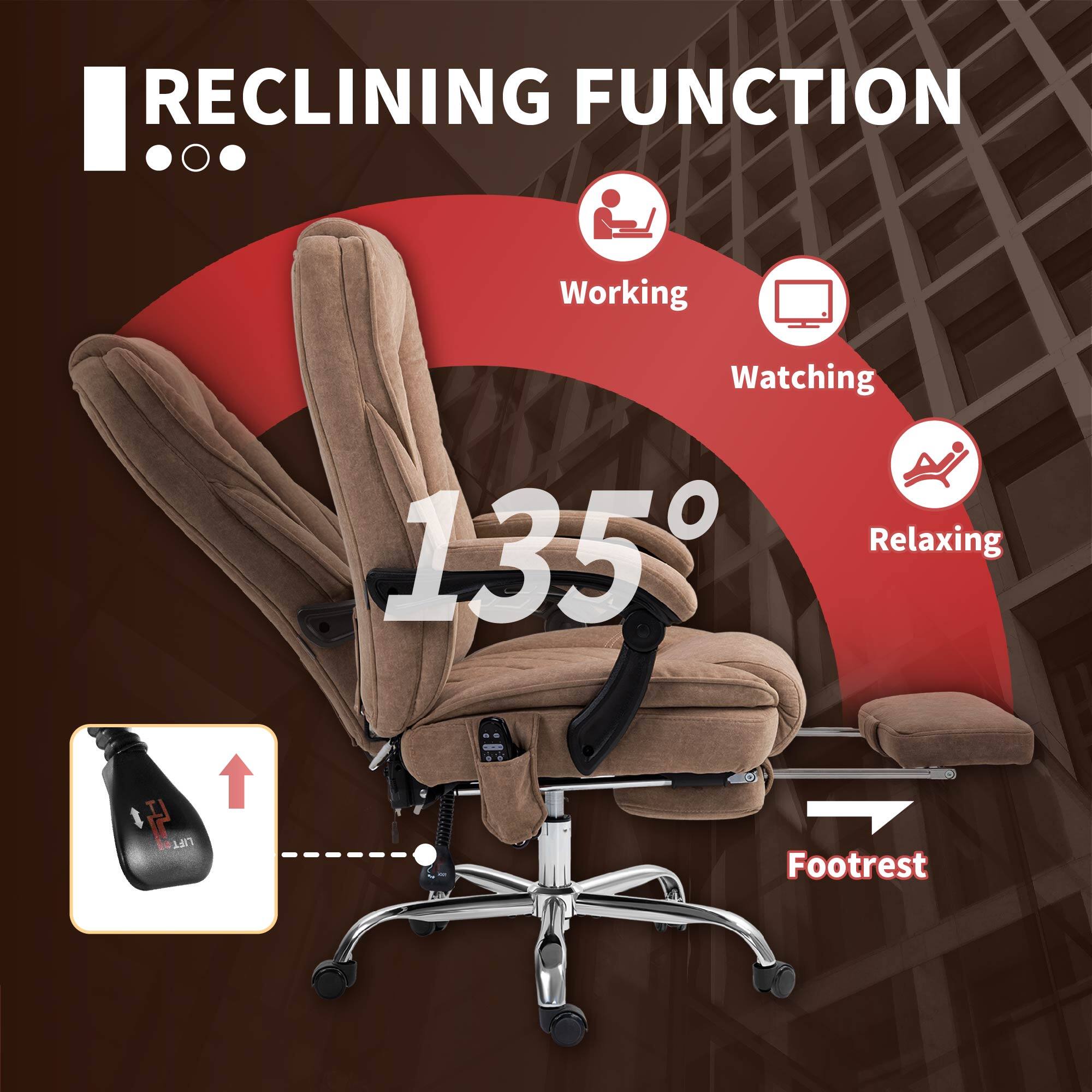 RECLINING FUNCTION, Working, Watching, 135, Relaxing, Footrest