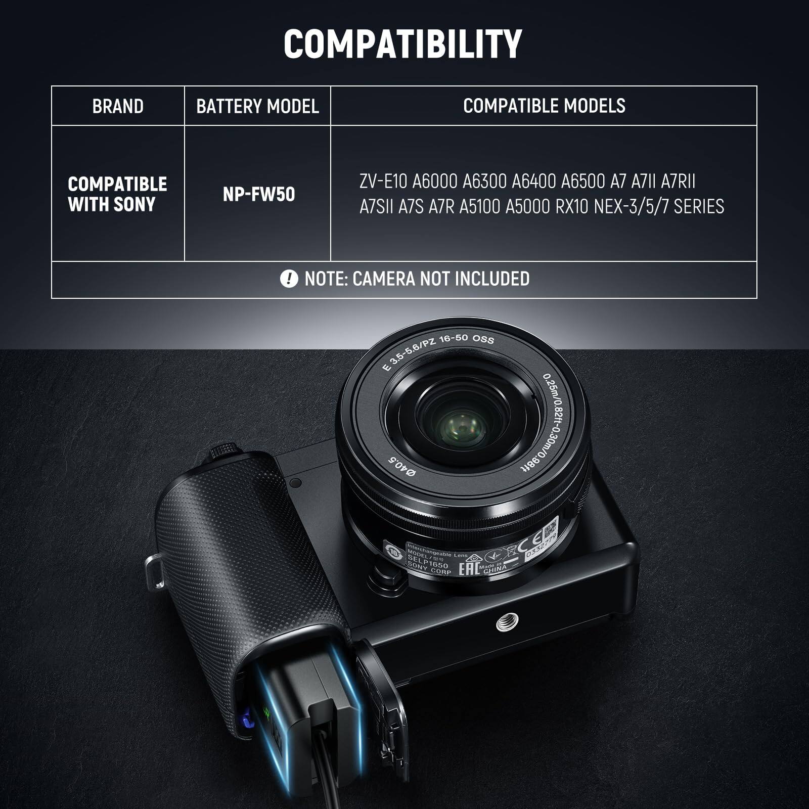 COMPATIBILITY

BRAND | BATTERY MODEL | COMPATIBLE MODELS

COMPATIBLE WITH SONY | NP-FW50 | ZV-E10 A6000 A6300 A6400 A6500 A7 A7II A7RII A7SII A7S A7R A5100 A5000 RX10 NEX-3/5/7 SERIES

NOTE: CAMERA NOT INCLUDED