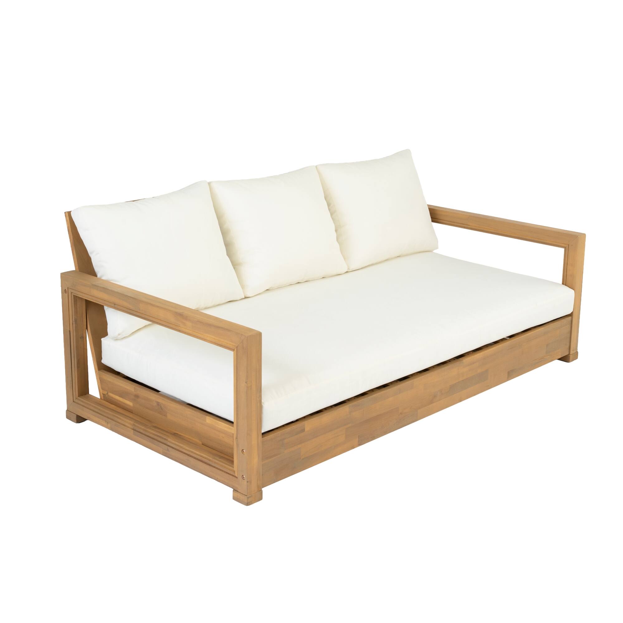Left. Whisen - 67.5" W Outdoor 3-Seater Sofa, Acacia Wood Patio Daybed with Thick Cushions & Adjustable Foot Pads - Teak|Beige.