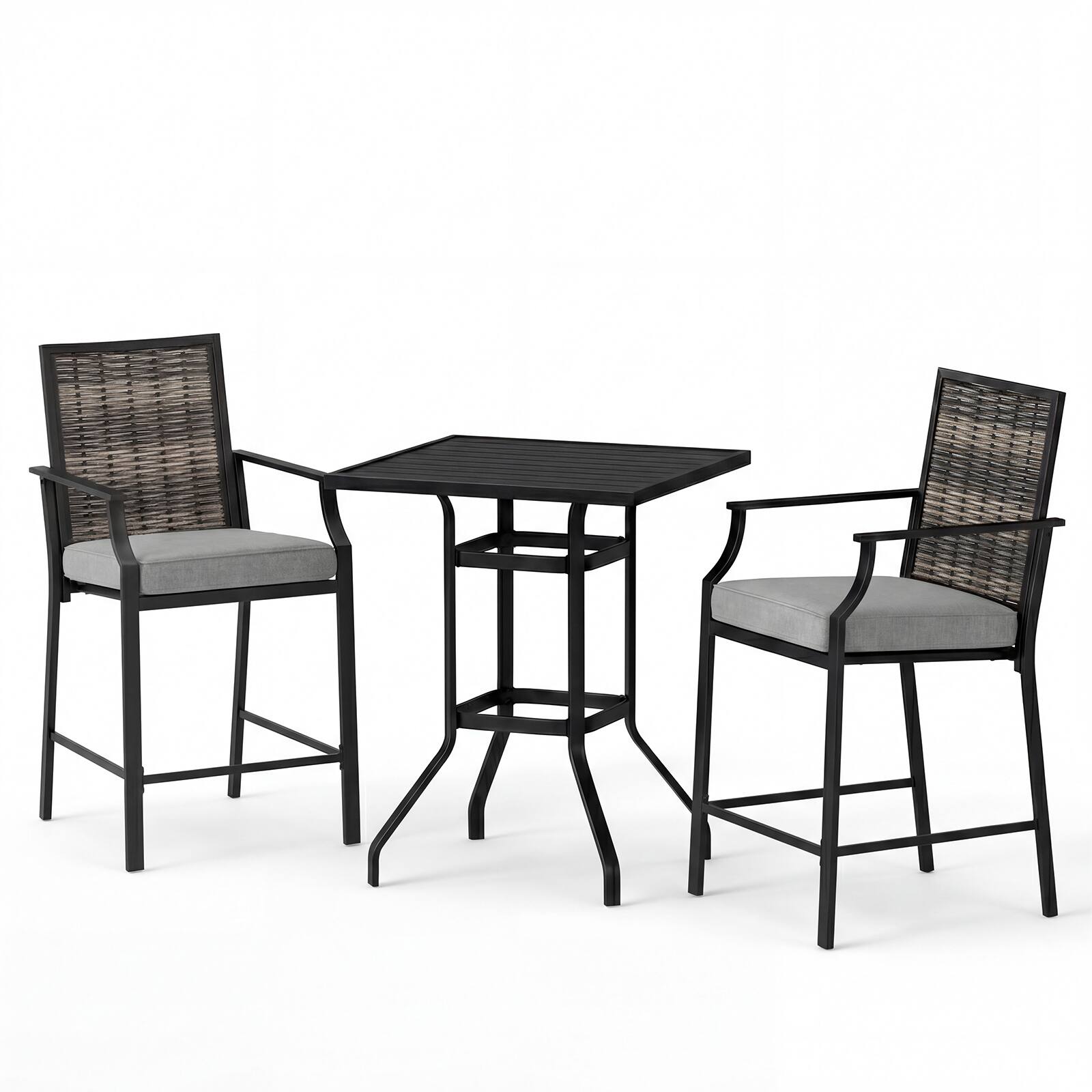 Alt View 8. Gymax - Gymax 3PCS Outdoor Bar Set High Top Patio Bar Table & Rattan Wicker Chairs w/Cushions - Grey.