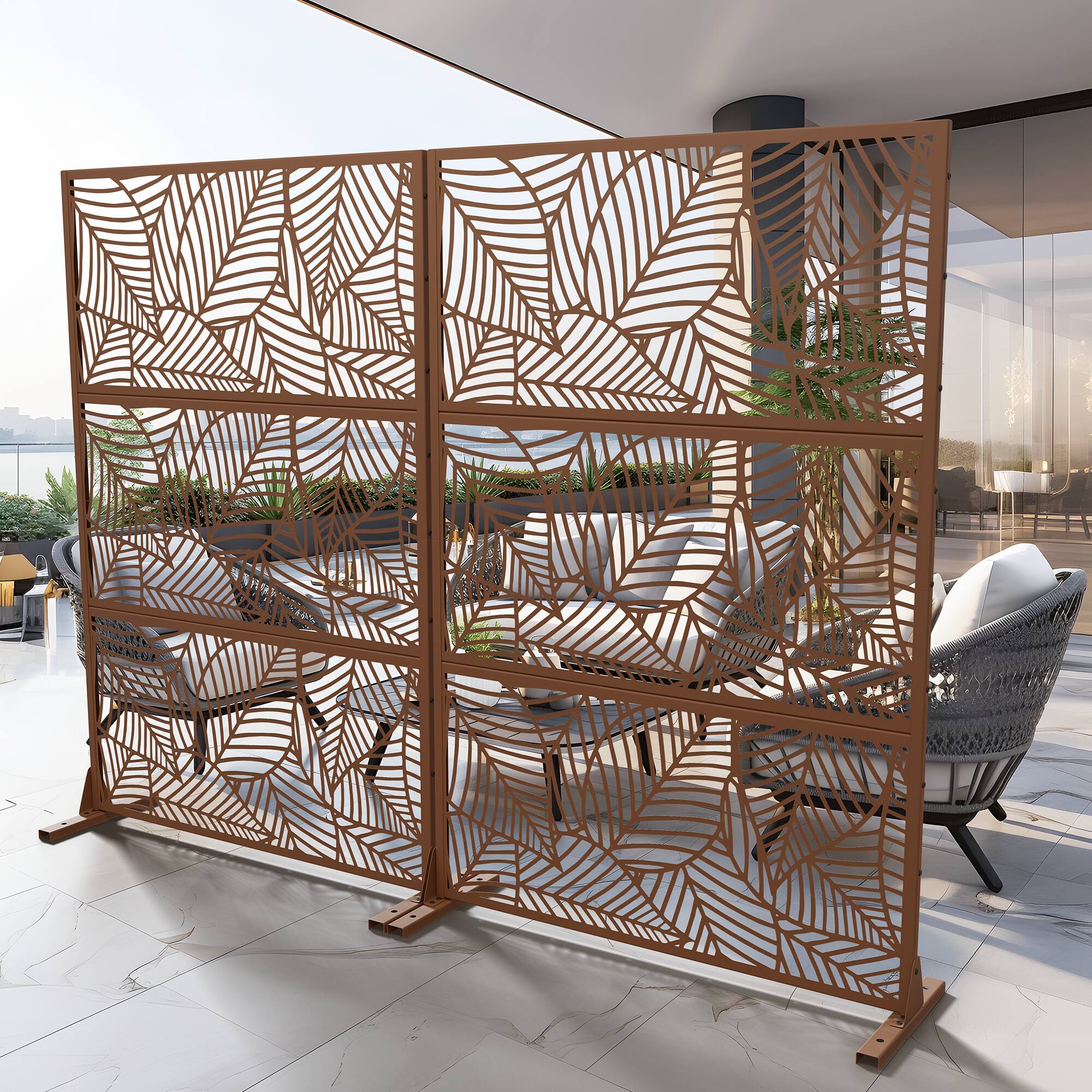 Alt View 1. PexFix - 72 in. x 47 in. Leaf Pattern Metal Outdoor Privacy Screen & Panels, Freestanding Garden Divider Fence - Brown.