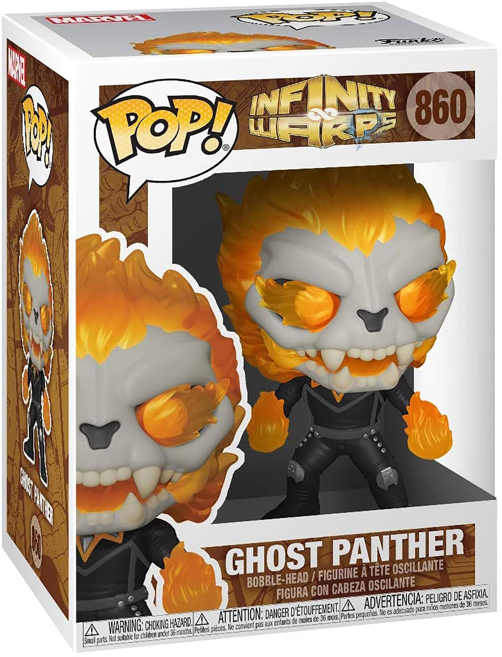 **MARVEL**

**POP! INFINITY WARPS**

**860**

**GHOST PANTHER**

**BOBBLE-HEAD / FIGURINE À TÊTE OSCILLANTE / FIGURA CON CABEZA OSCILANTE**

**WARNING: CHOKING HAZARD. Small parts. Not suitable for children under 36 months.**

**ATTENTION: DANGER D'ÉTOUFFEMENT. Petites pièces. Ne convient pas aux enfants de moins de 36 mois.**

**ADVERTENCIA: PELIGRO DE ASFIXIA. Piezas pequeñas. No es adecuado para niños menores de 36 meses.**