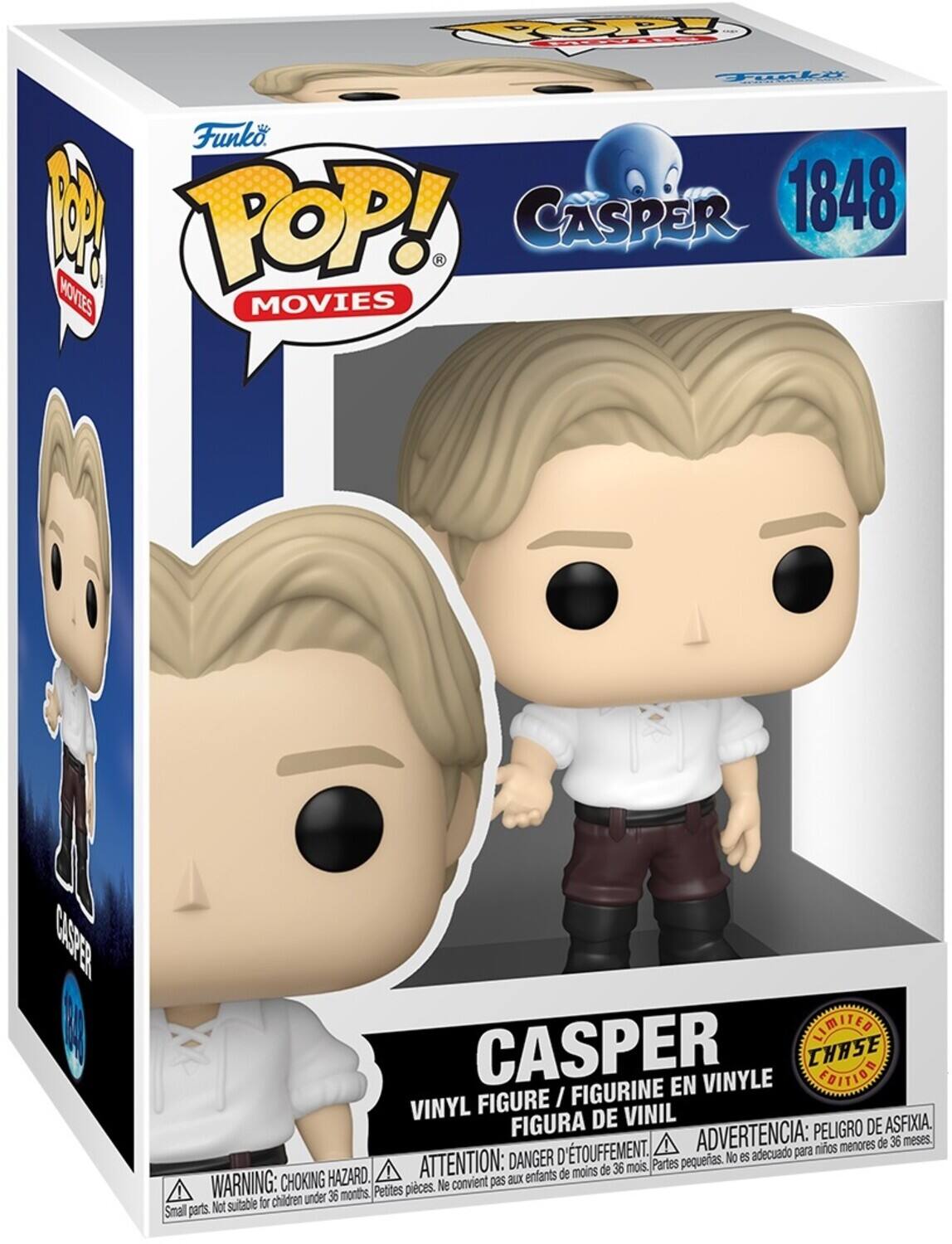 Sure, here is the corrected and grouped text from the image:

---

**Funko POP! Movies**

**Casper 1848**

**Vinyl Figure / Figurine en Vinyle / Figura de Vinil**

**Limited Chase Edition**

**Warning: Choking Hazard - Small parts. Not suitable for children under 36 months.**

**Attention: Danger d'étouffement - Ne convient pas aux enfants de moins de 36 mois.**

**Advertencia: Peligro de asfixia. No es adecuado para niños menores de 36 meses.**

**Petites pièces. Ne convient pas aux enfants de moins de 36 mois.**

---

This text is organized to reflect the information on the packaging accurately.