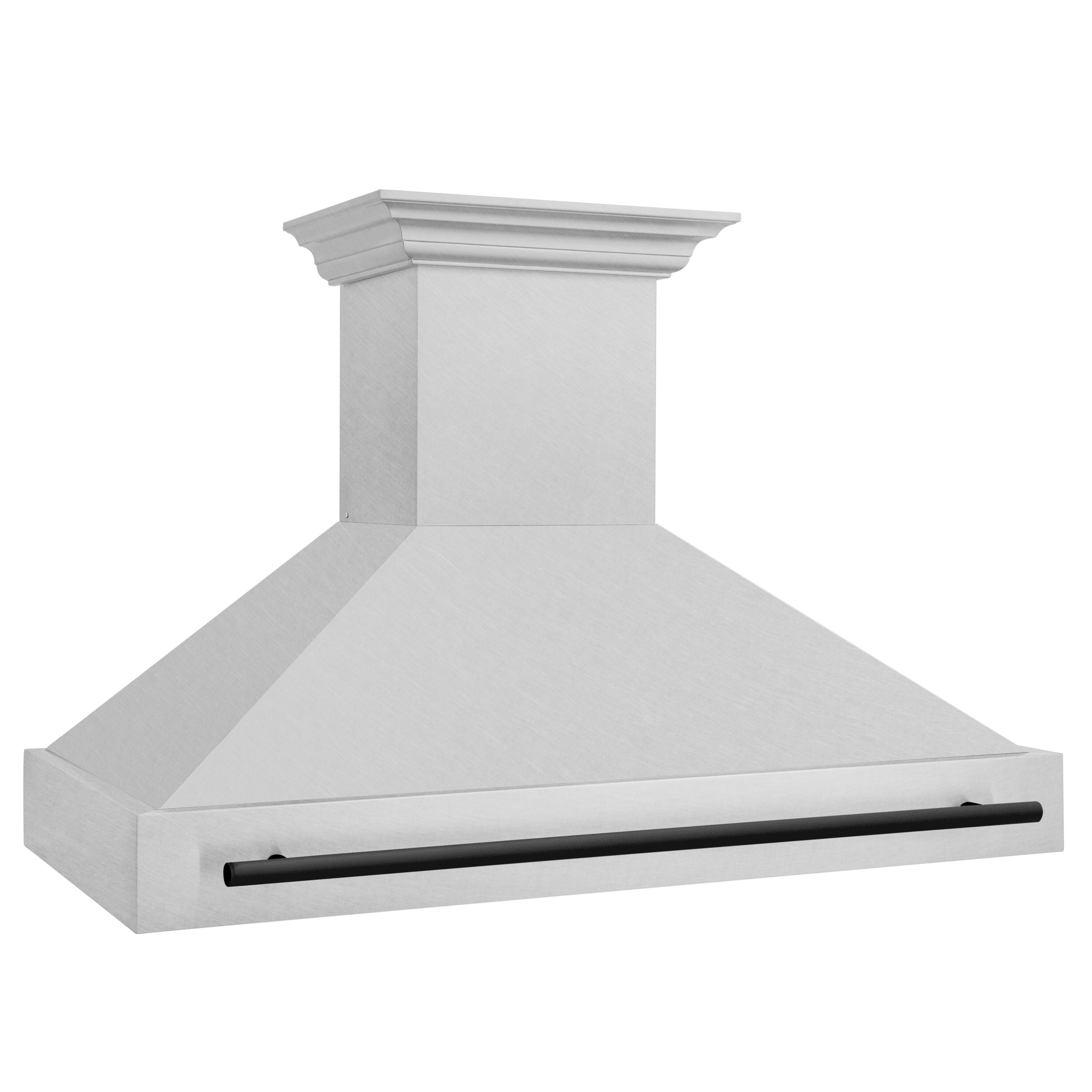 Angle. ZLINE - ZLINE Autograph Edition 48 in. Satin Stainless Steel Wall Mount Range Hood with Matte Black Handle (8654SNZ-48-MB) - Satin Stainless Steel.