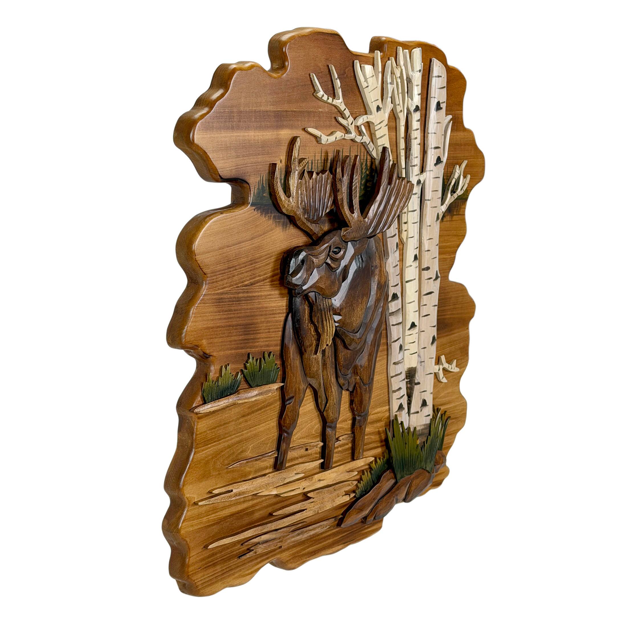 Alt View 1. Zeckos - Moose in Birch Forest 23.5 inch Rustic Intarsia Wood Wall Art Sculpture - Brown.